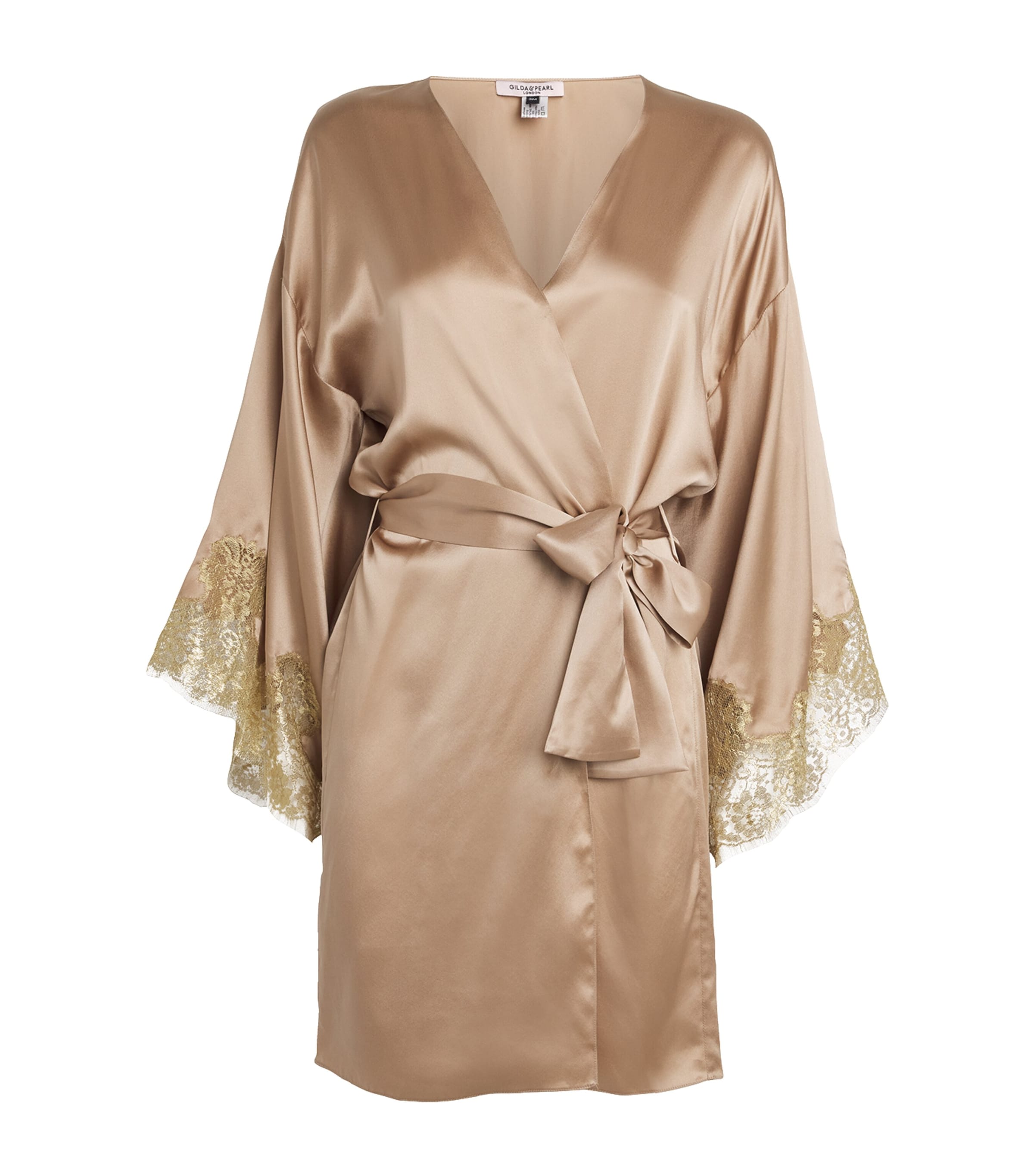 Gilda & Pearl Womens Silk Lace-Trim Gina Short Robe Almond/gold Image 1