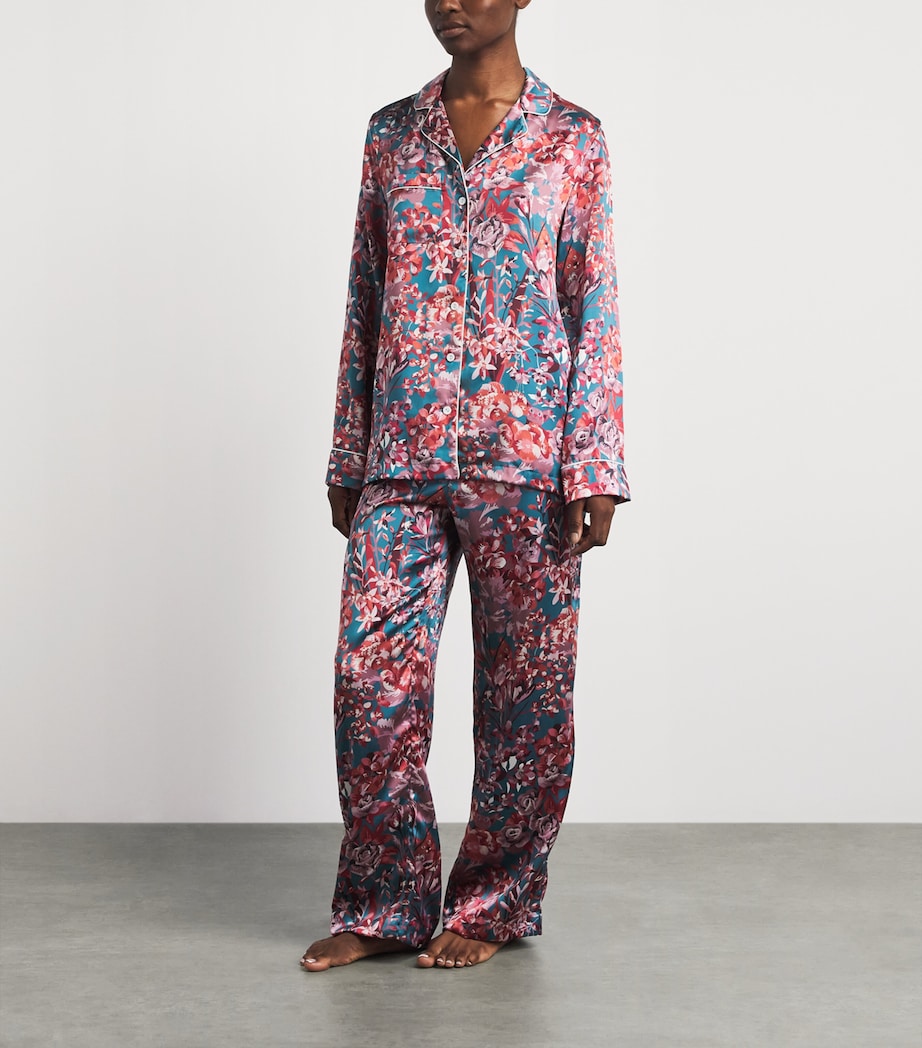 Derek Rose Womens Silk Floral Long Pyjama Set Teal Image 2