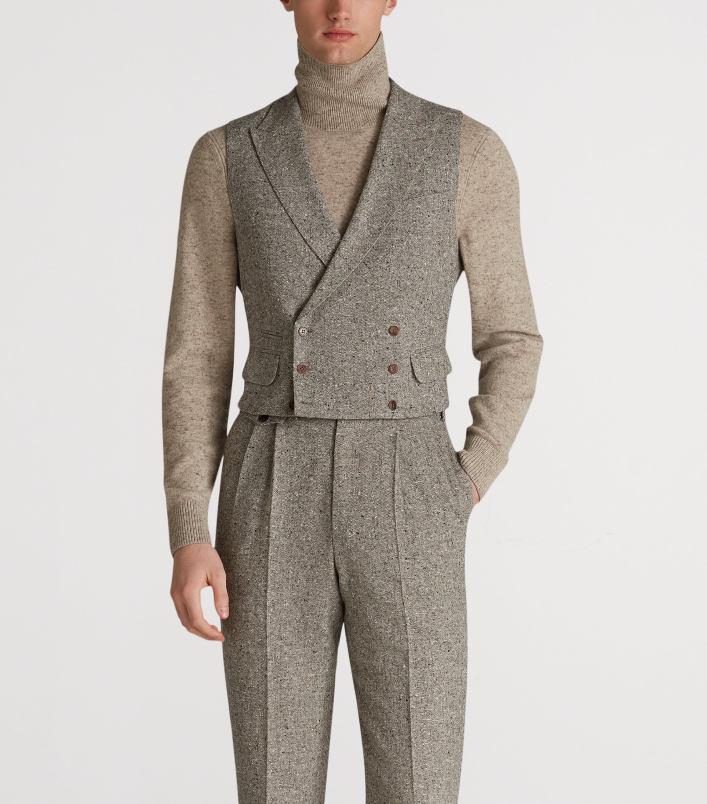 Wool Donegal Tweed Double-Breasted Waistcoat 086OATMEAL GREY Image 3