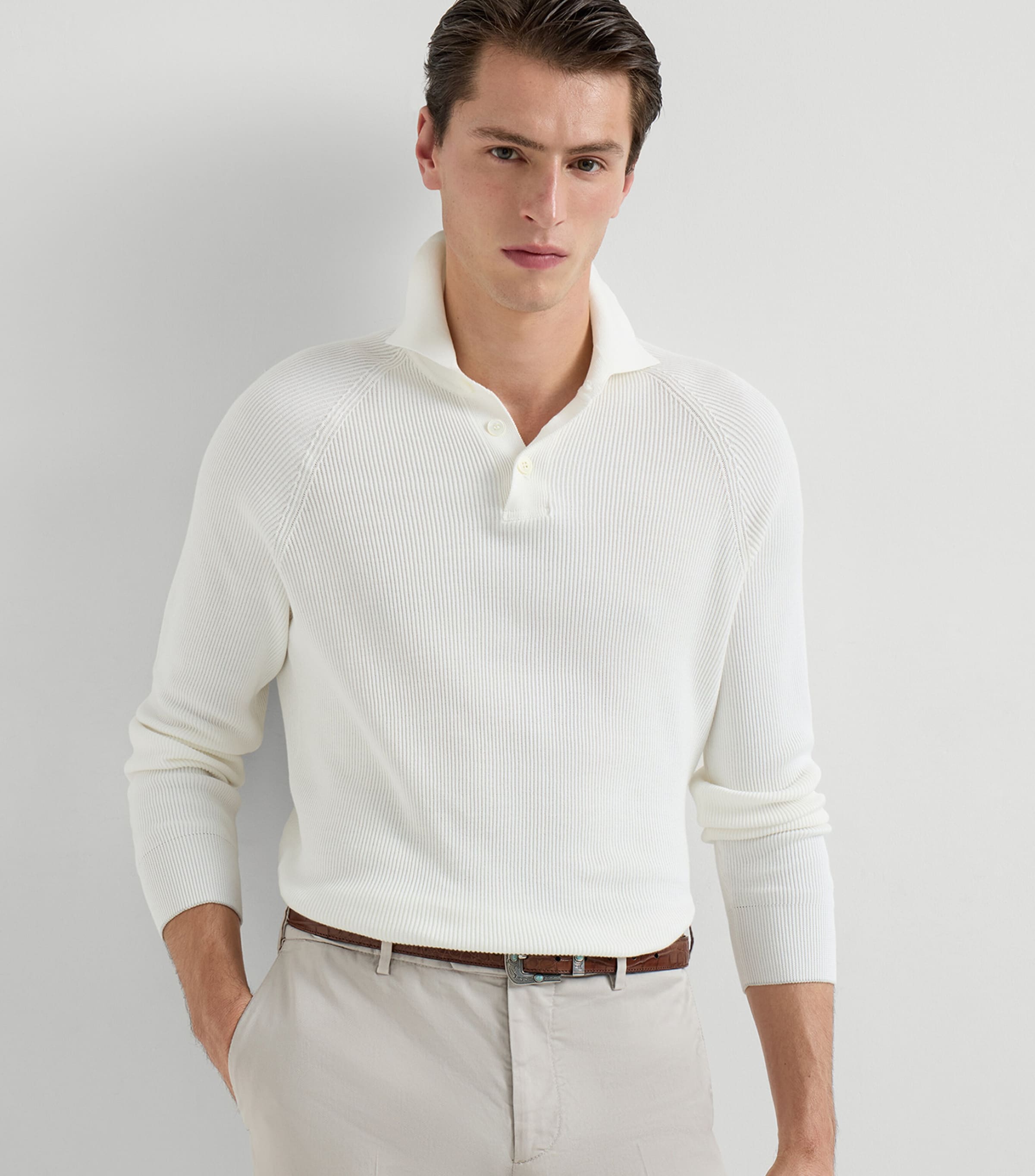 Brunello Cucinelli Mens Cotton Ribbed Polo Sweater Image 2