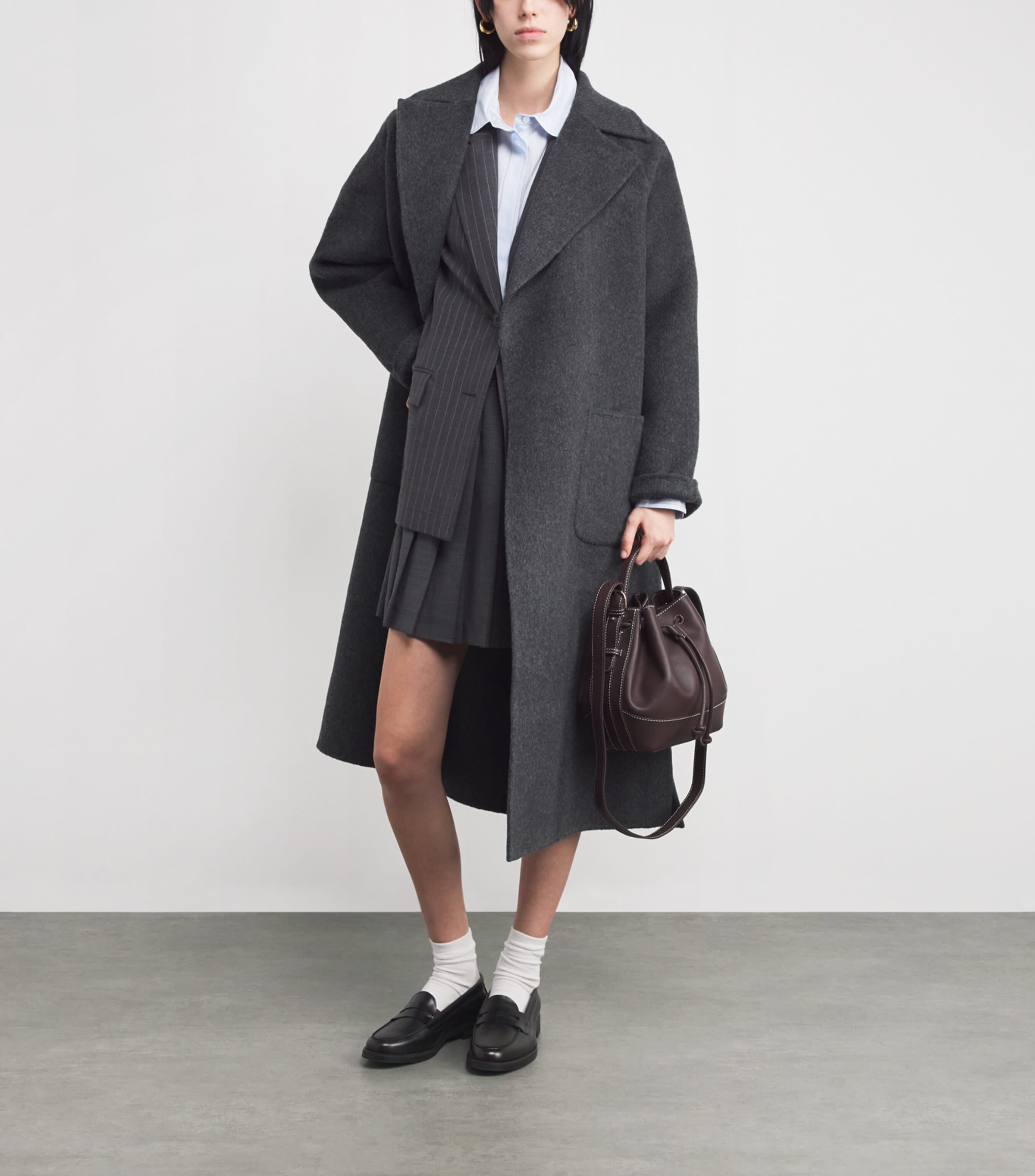 Wool-Blend Belted Coat BLACK GREY Image 2