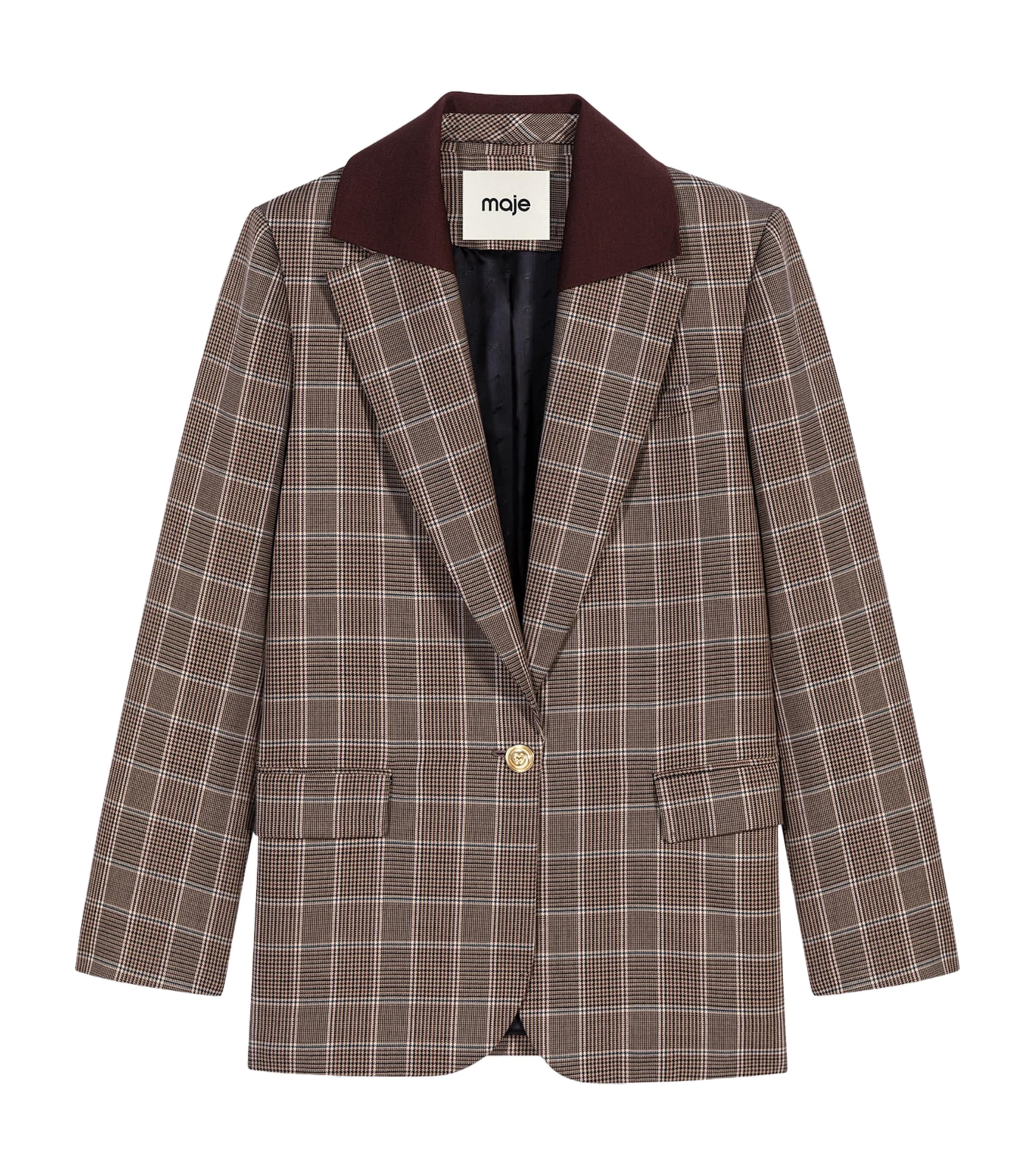 Maje Womens Wool-Cotton Check Blazer Brown Image 1