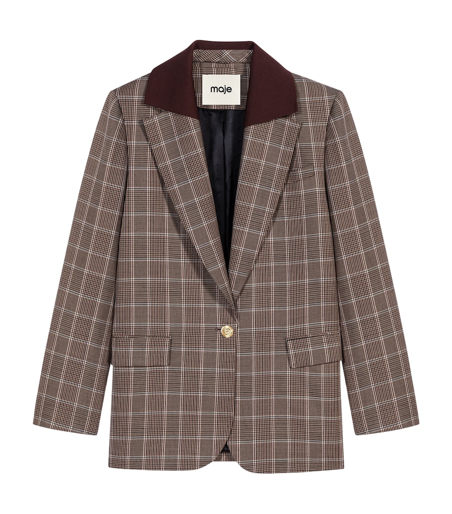 Maje Womens Wool-Cotton Check Blazer Brown Image 1