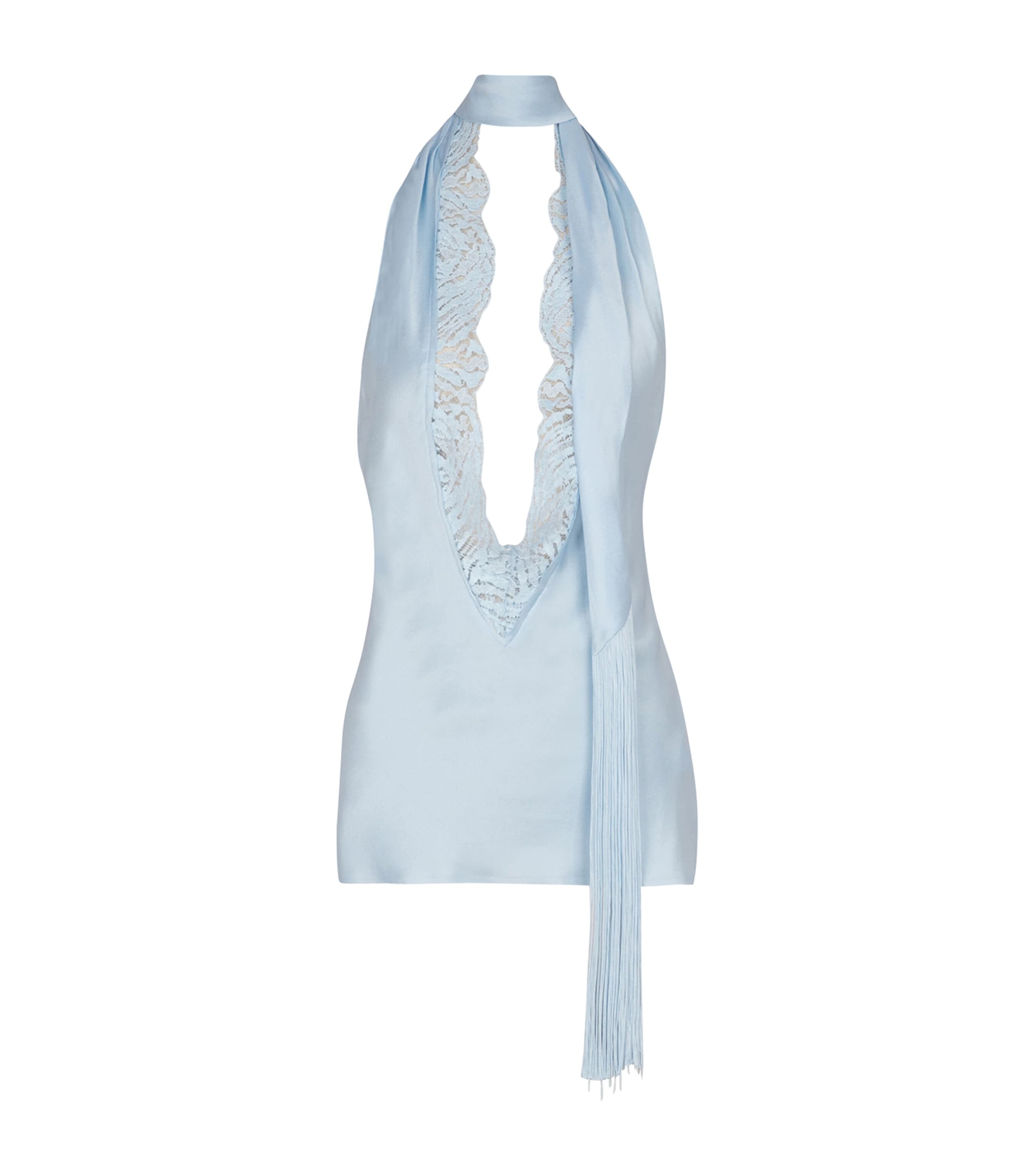 Balmain Backless Crepe Satin Top With Fringe In Blue