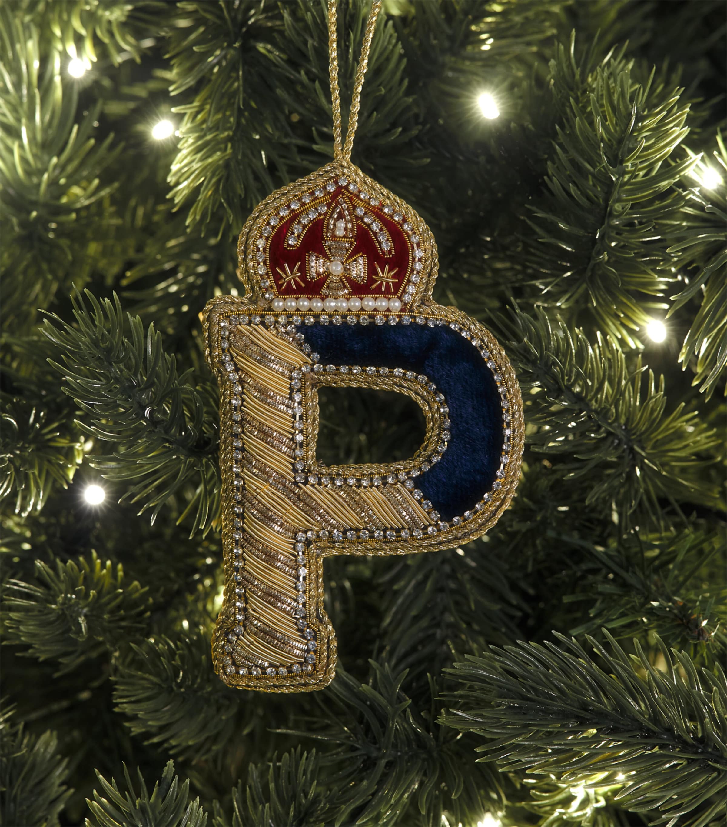 Tinker Tailor Velvet Crystal Letter P Tree Decoration Navy, Gold & Wine Image 3