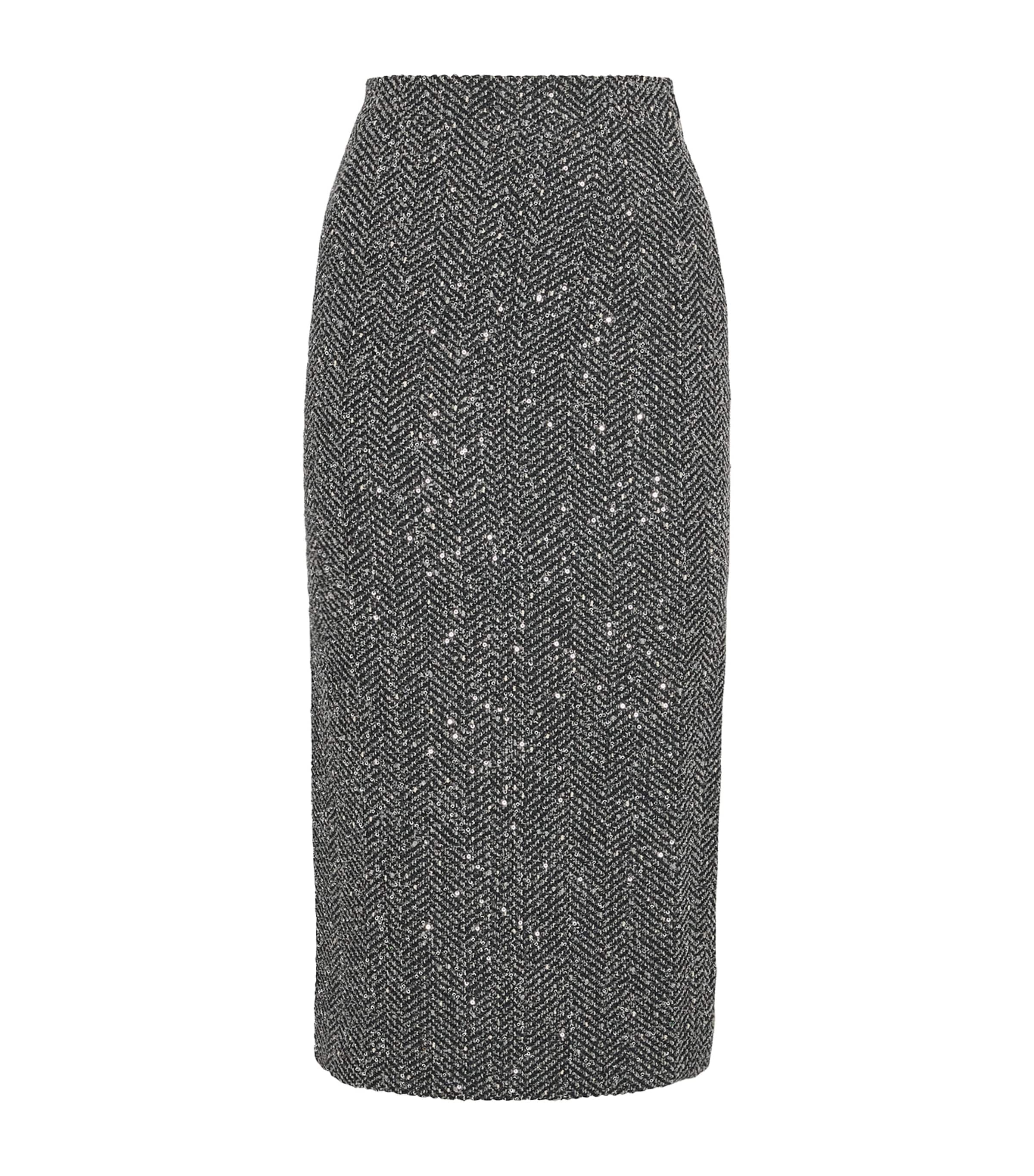 Alessandra Rich Tweed Embellished Midi Pencil Skirt In Gray