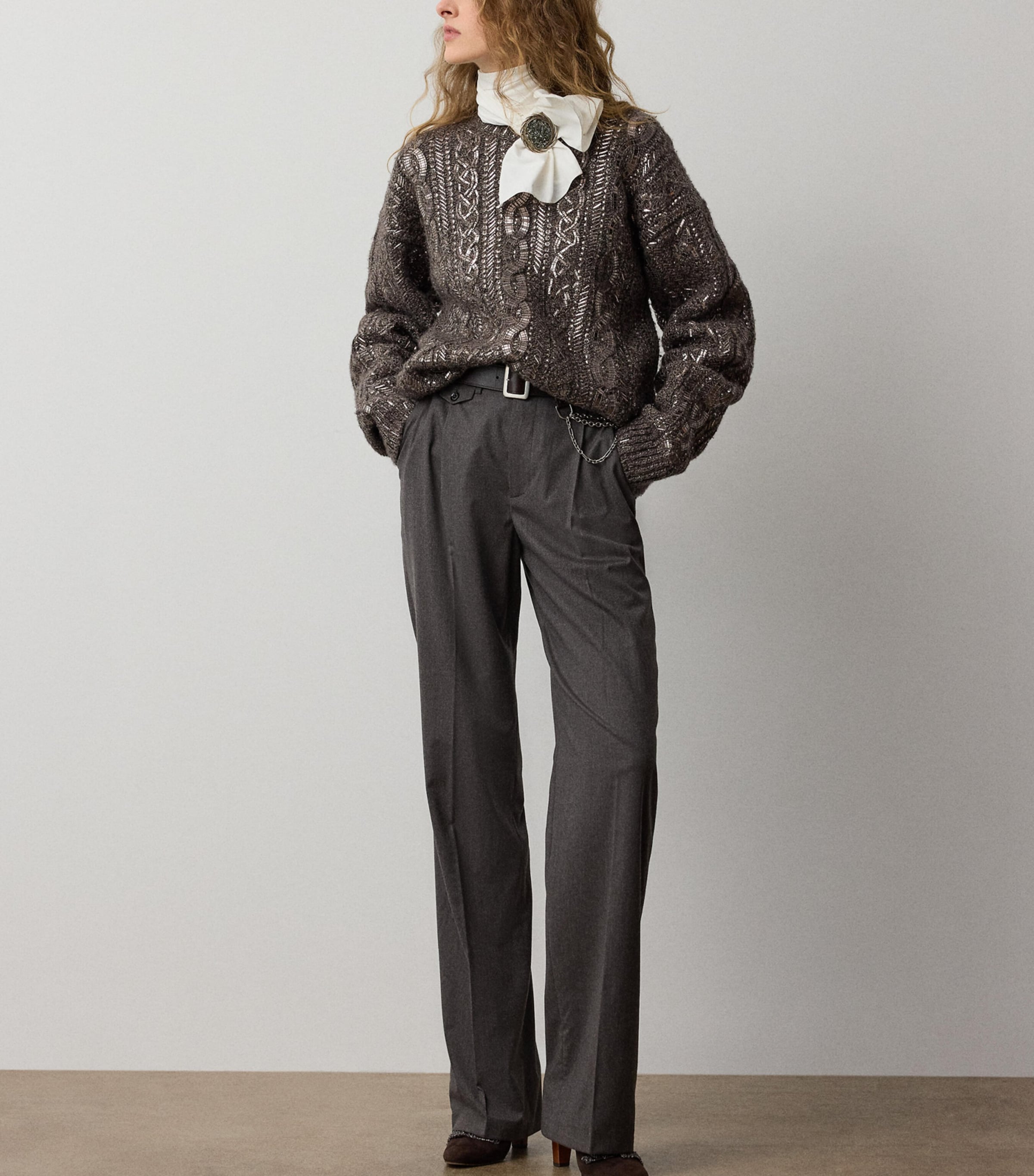 Ralph Lauren Collection Womens Wool-Blend Straight Trousers Taupe Grey Melange Image 4