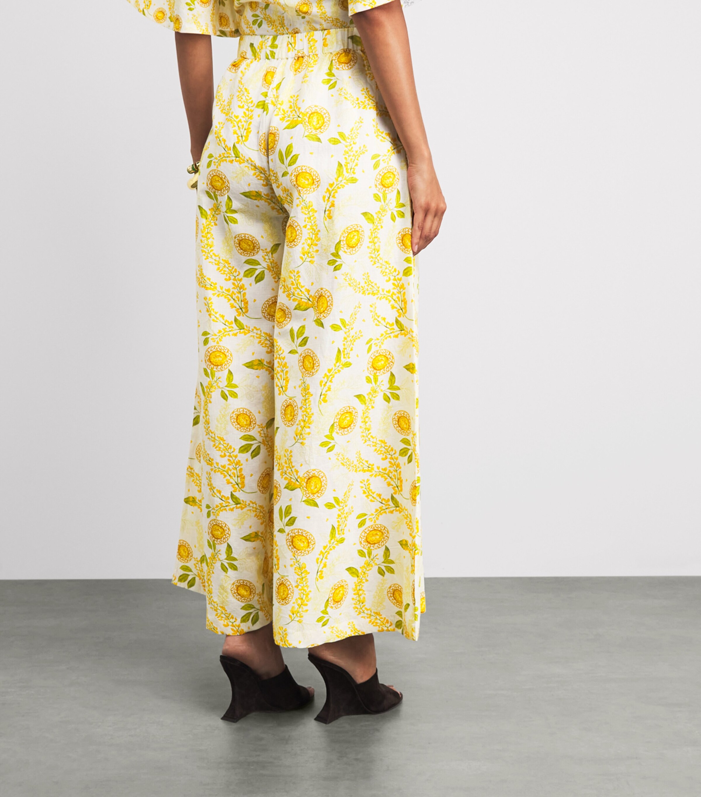 Verandah Womens Linen-Cotton Floral Wide-Leg Trousers Ylw Sapphre & Wstria Image 5