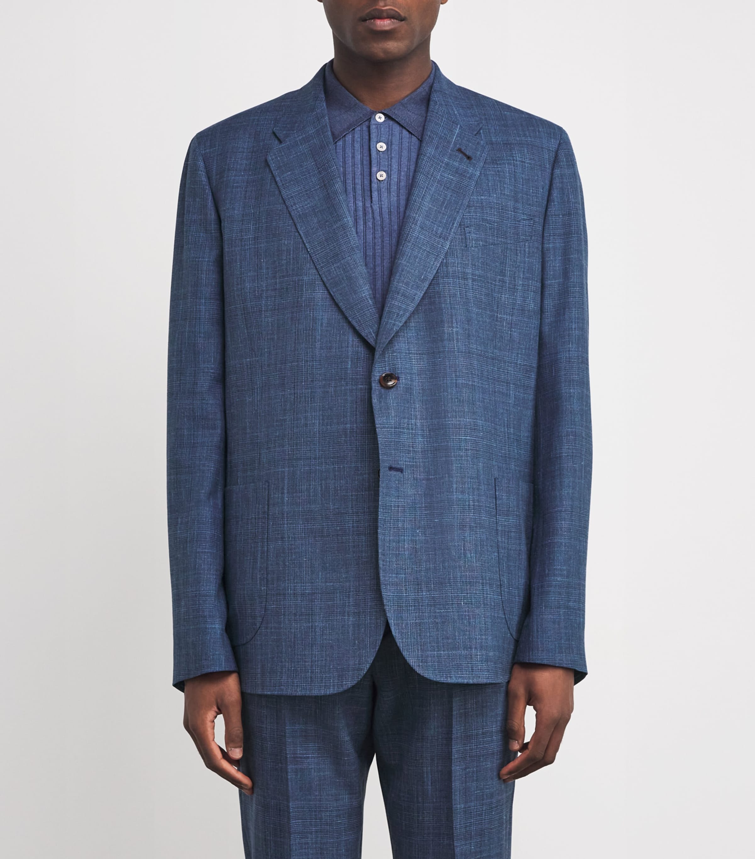 Wool-Silk-Linen Check Suit Jacket 41_BLUE Image 3