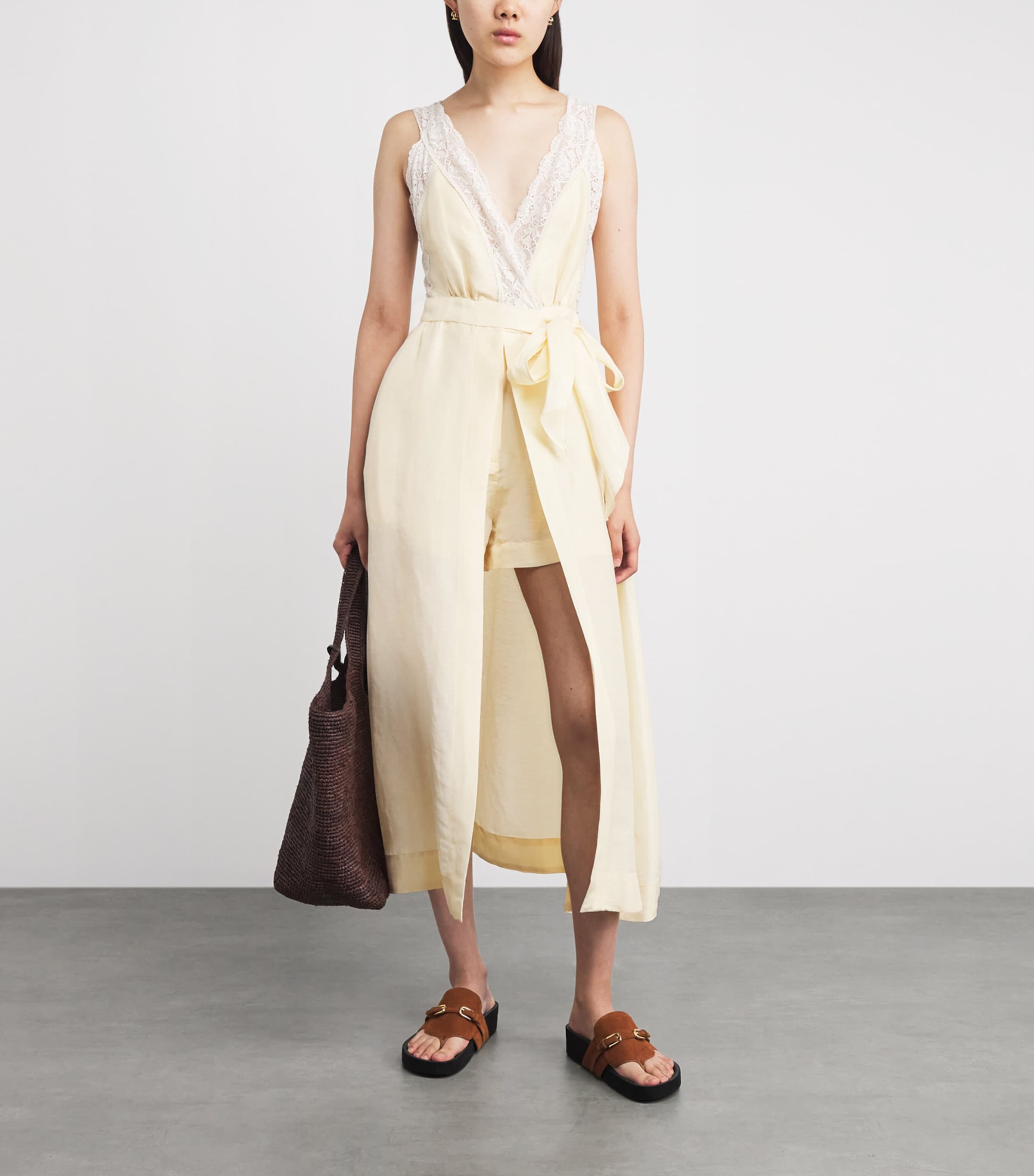 Sandro Paris Womens Linen-Blend Lace-Trim Midi Dress Vanilla Image 2