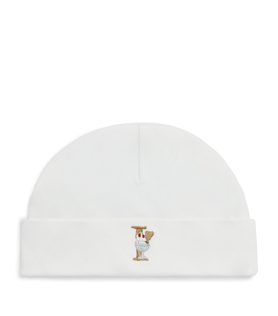 PAINT MY DREAMS Cotton Embroidered ‘I’ Beanie White Image 1