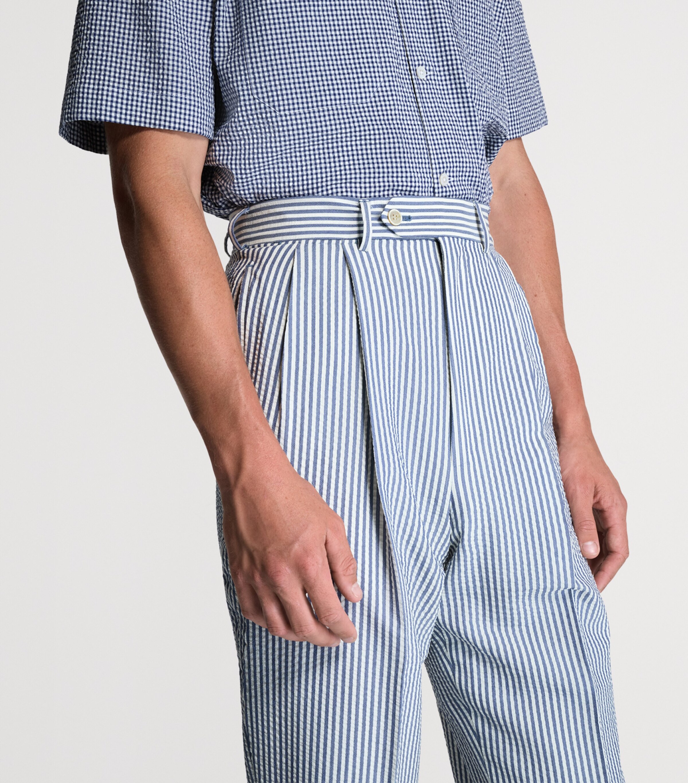 Dunhill Mens Wool-Silk Double-Pleated Stripe Trousers Blue White Image 5