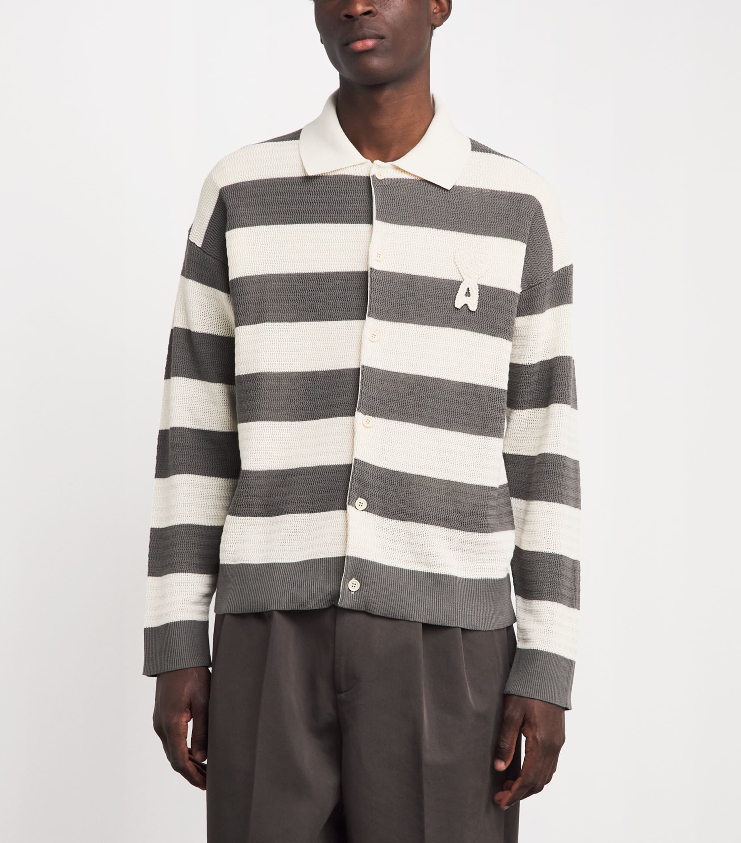 AMI Paris Mens Cotton Stripe Logo Cardigan Blanc/carbone Image 4