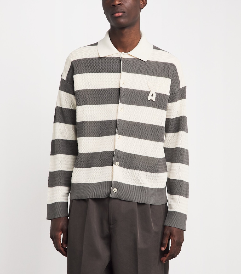 AMI Paris Mens Cotton Stripe Logo Cardigan Blanc/carbone Image 4