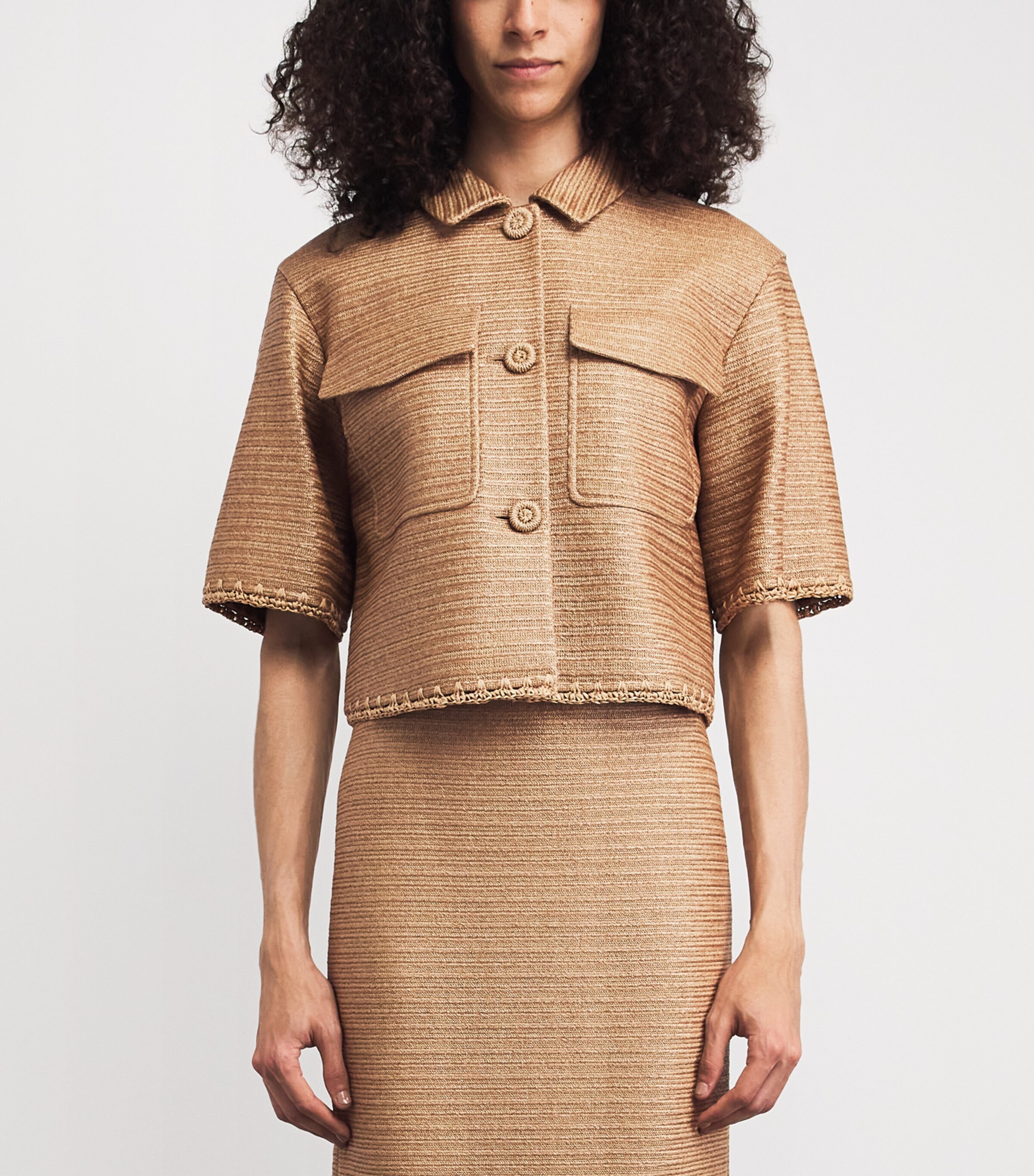 Lafayette 148 Beige Faux Raffia Cropped Overshirt | Harrods AU