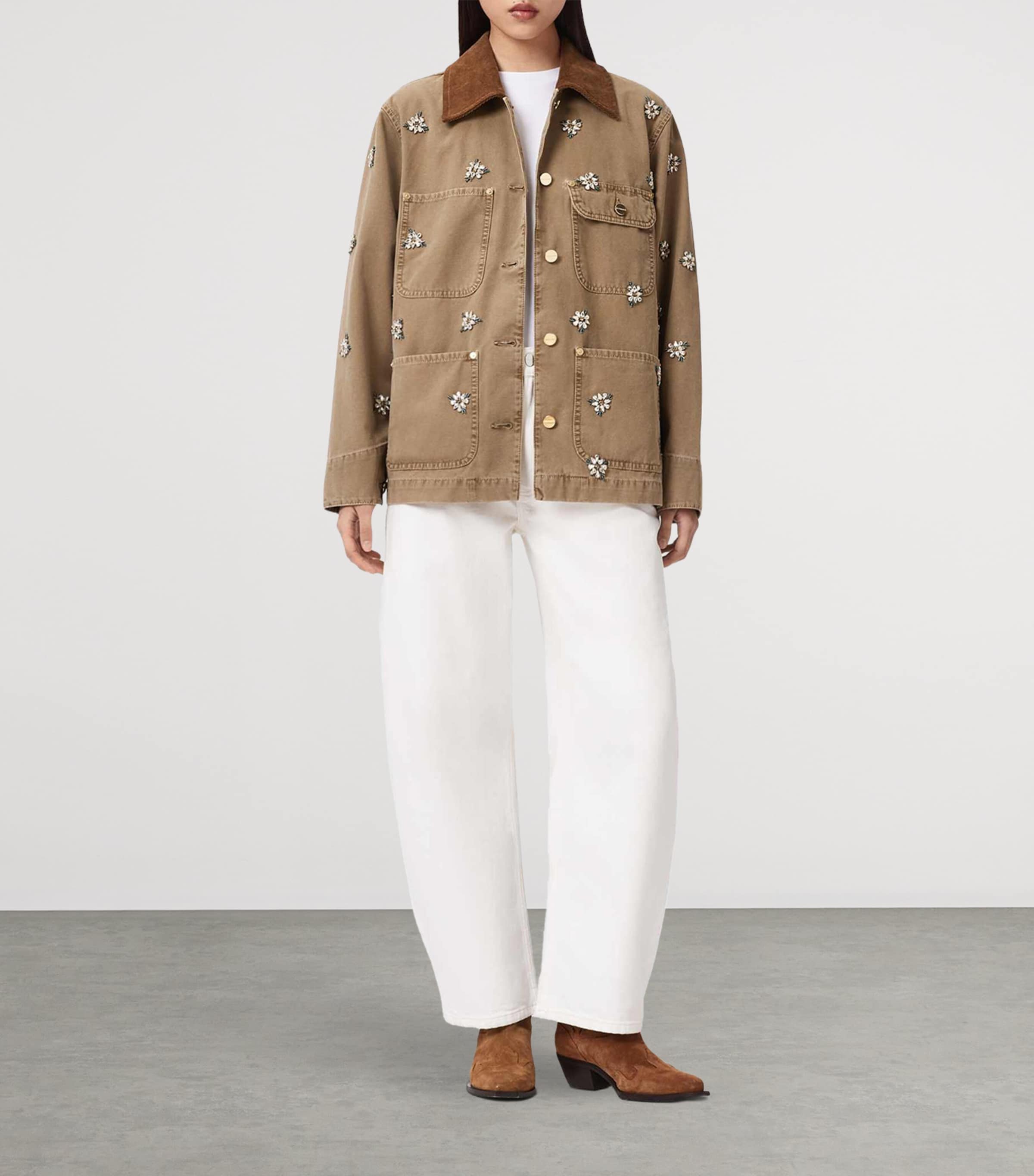 AllSaints Womens Denim Embroidered Bex Jacket Vintage Sand Brown Image 2