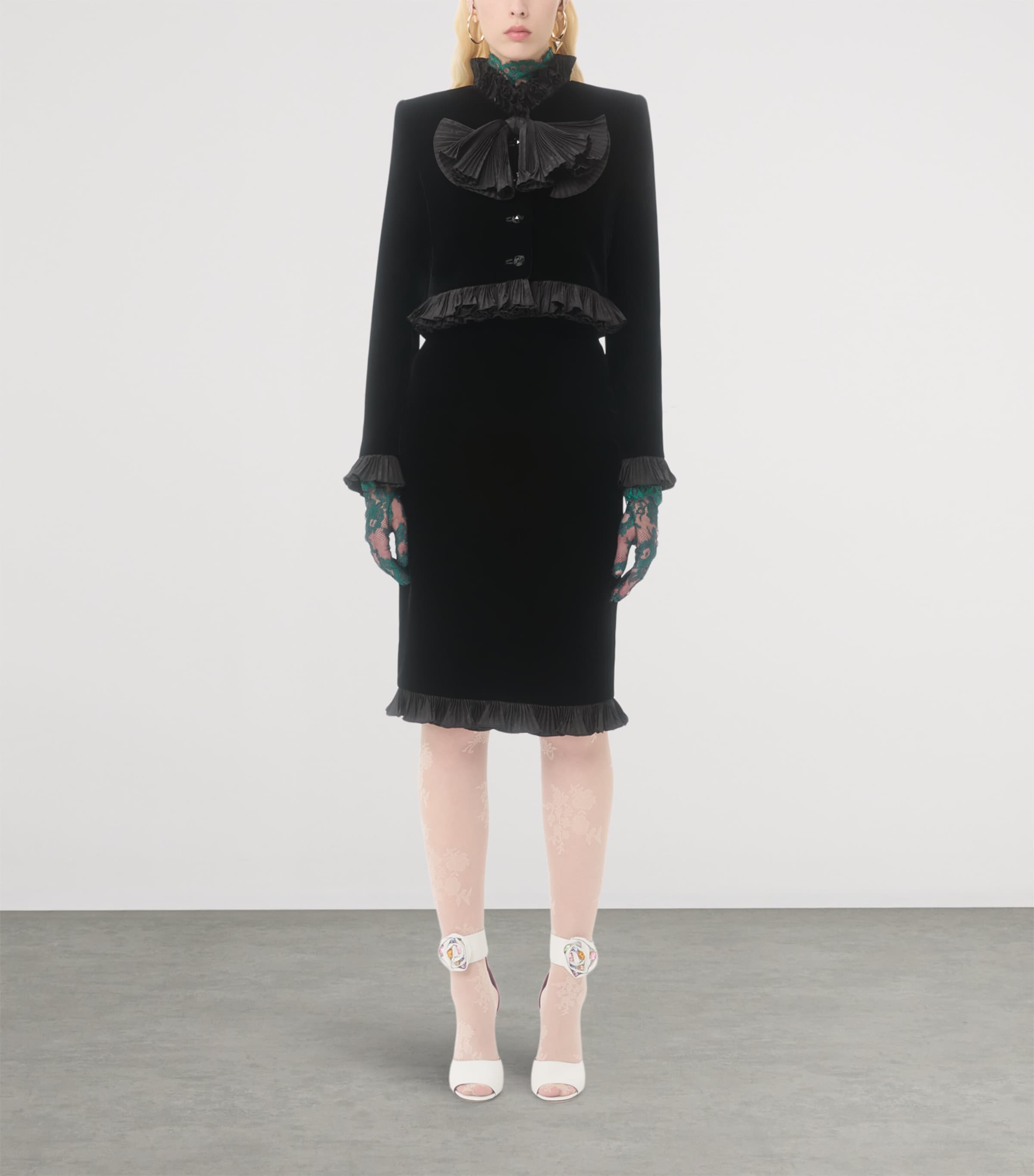 Velvet Ruffled Pencil Skirt 0NO Image 4