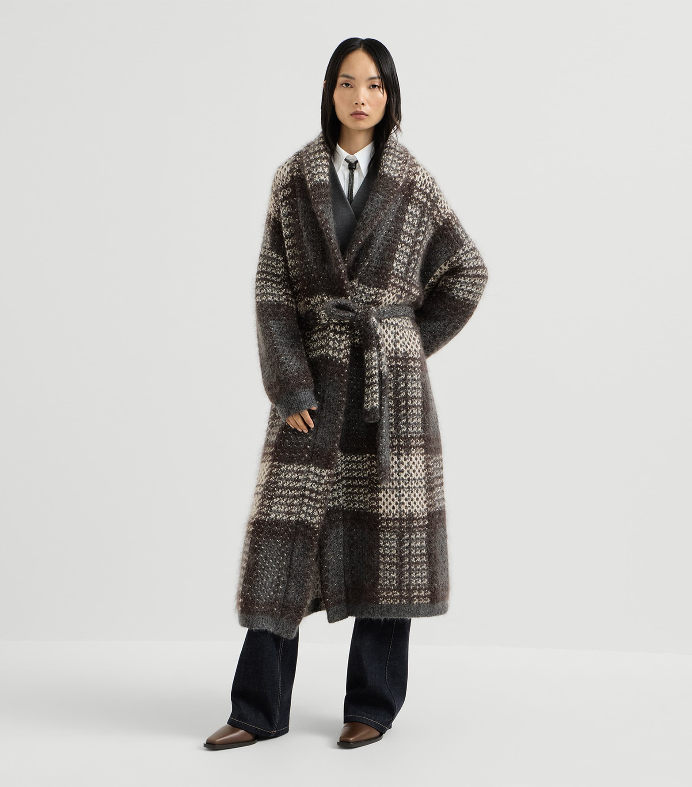 Brunello Cucinelli Womens Tartan Longline Coat Beige+grey Image 4