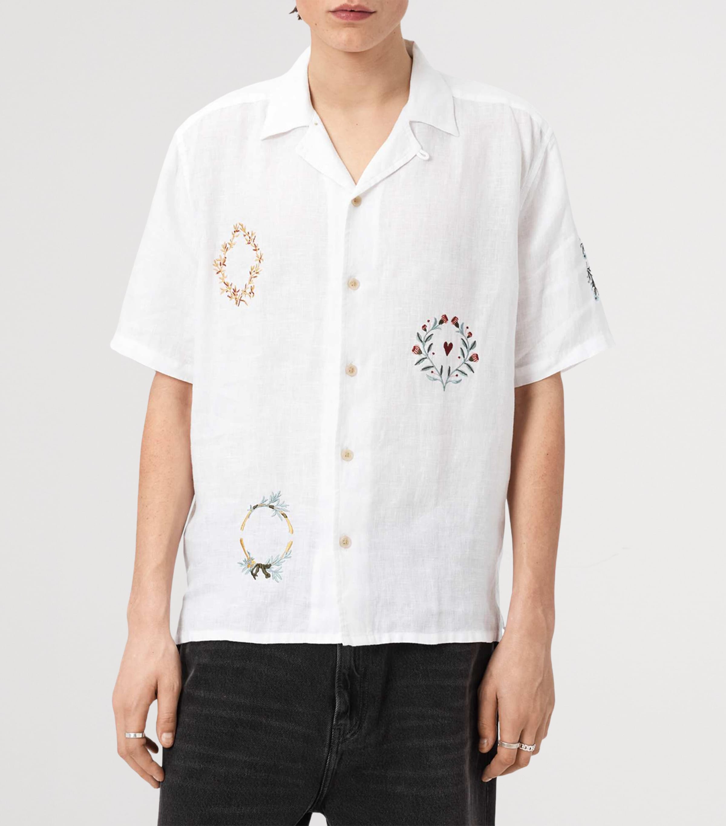 AllSaints Mens Linen Embroidered Deck Shirt Ecru Image 3