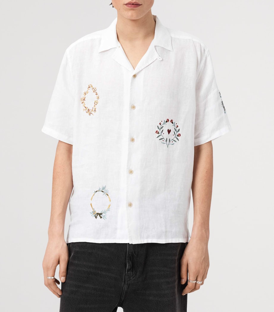 AllSaints Mens Linen Embroidered Deck Shirt Ecru Image 3
