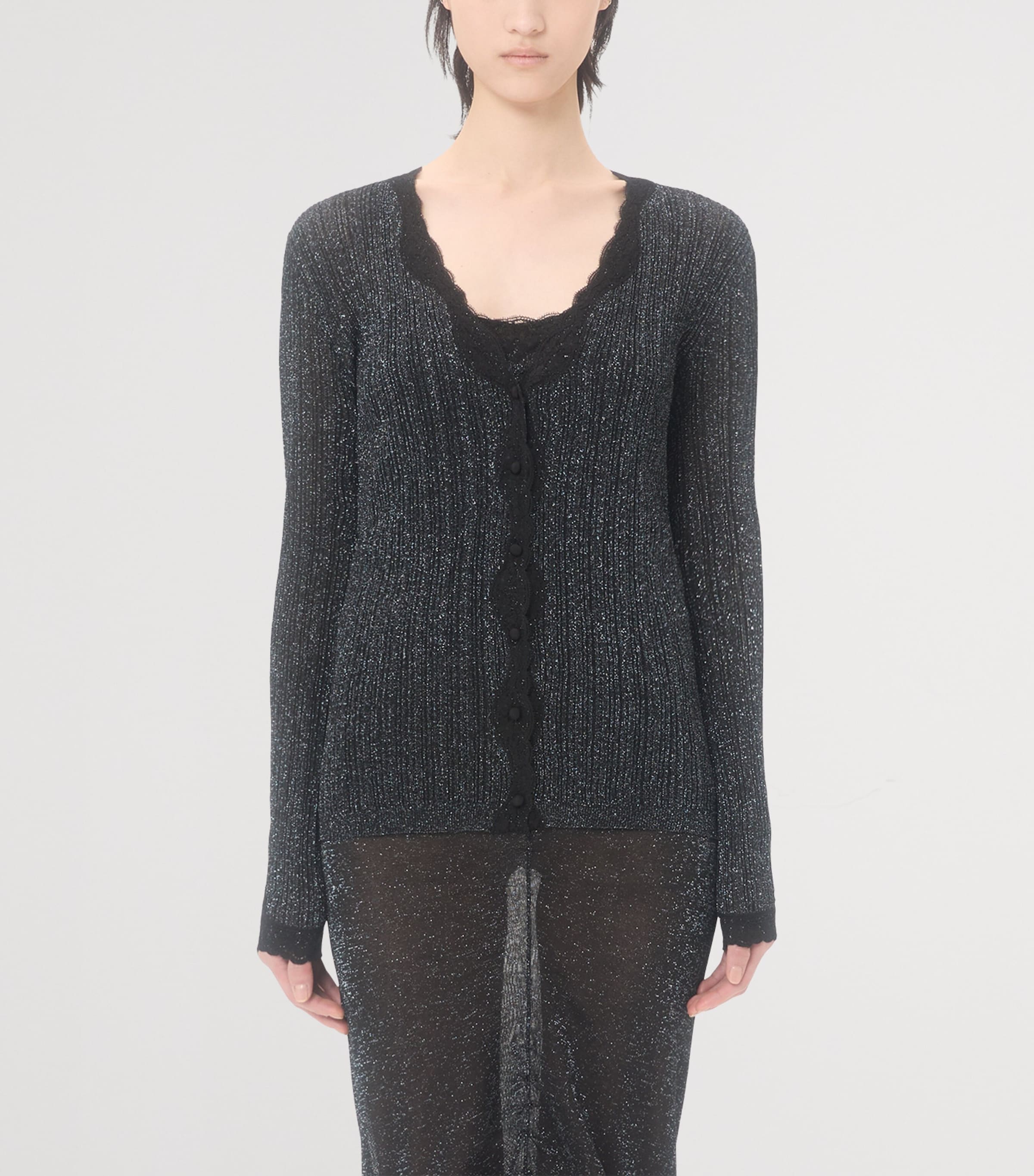 Valentino Womens Lace-Trim Lurex Cardigan Nud Image 2