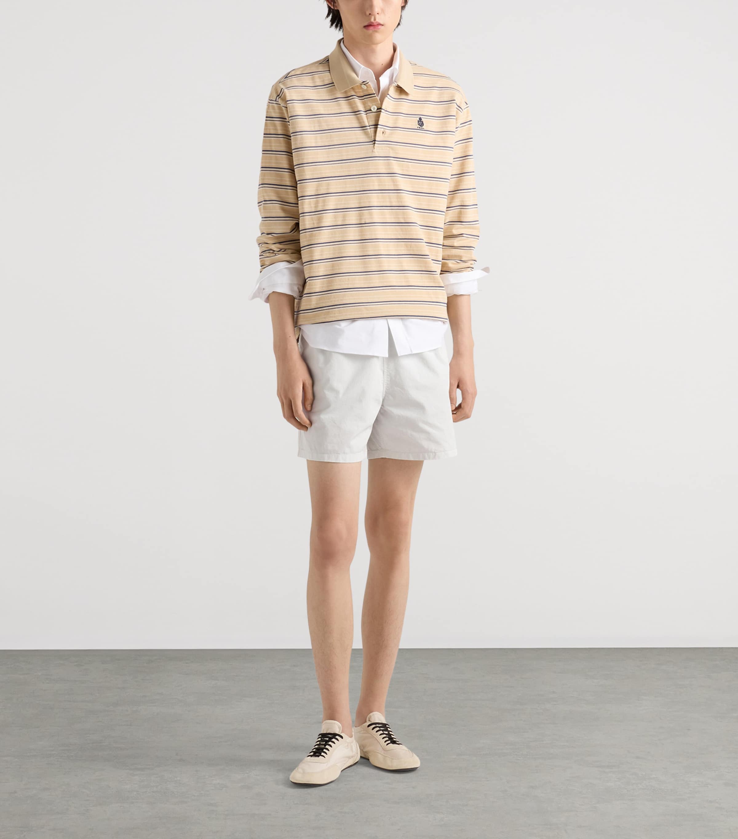 Prada Mens Cotton Piqué Stripe Slim Long-Sleeve Polo Shirt Neutral Image 2