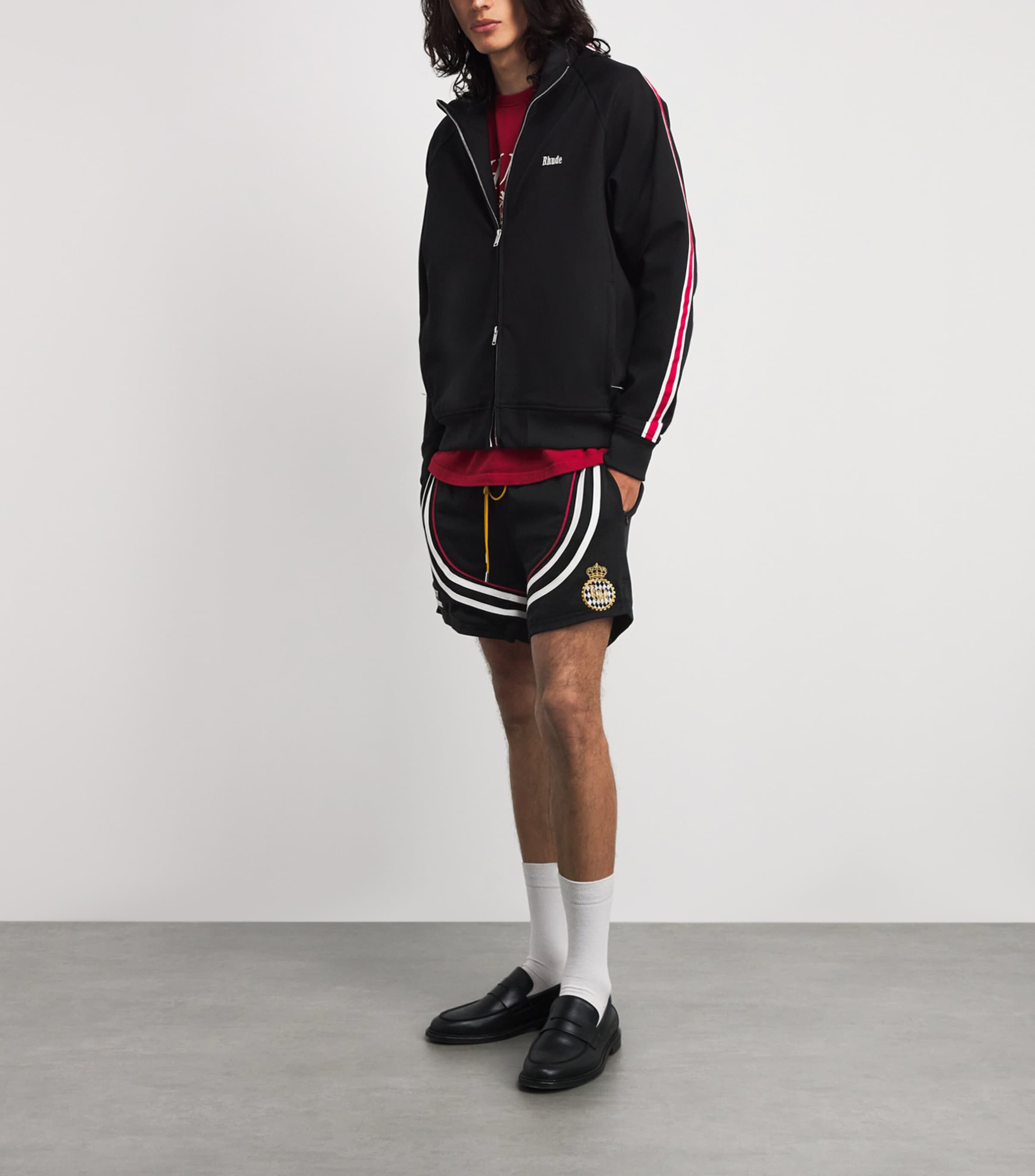 Rhude Mens Cotton Lago Veille Soccer Shorts Blk/wht/red Image 2