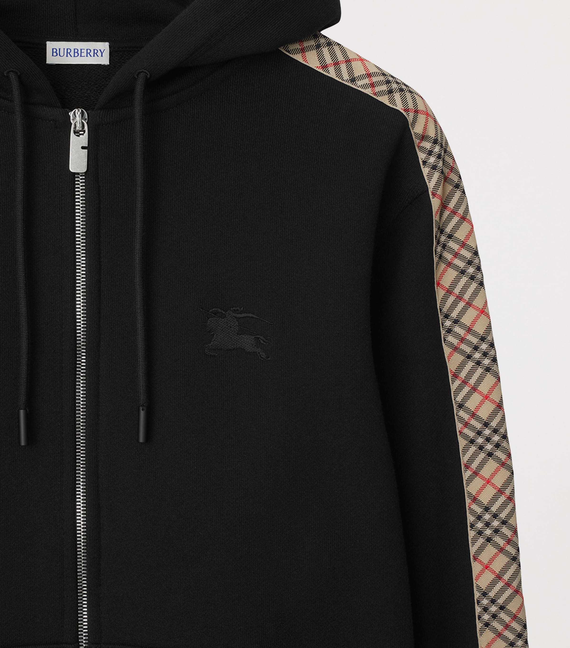Burberry Black Cotton Check-Trim Zip Hoodie | Harrods US