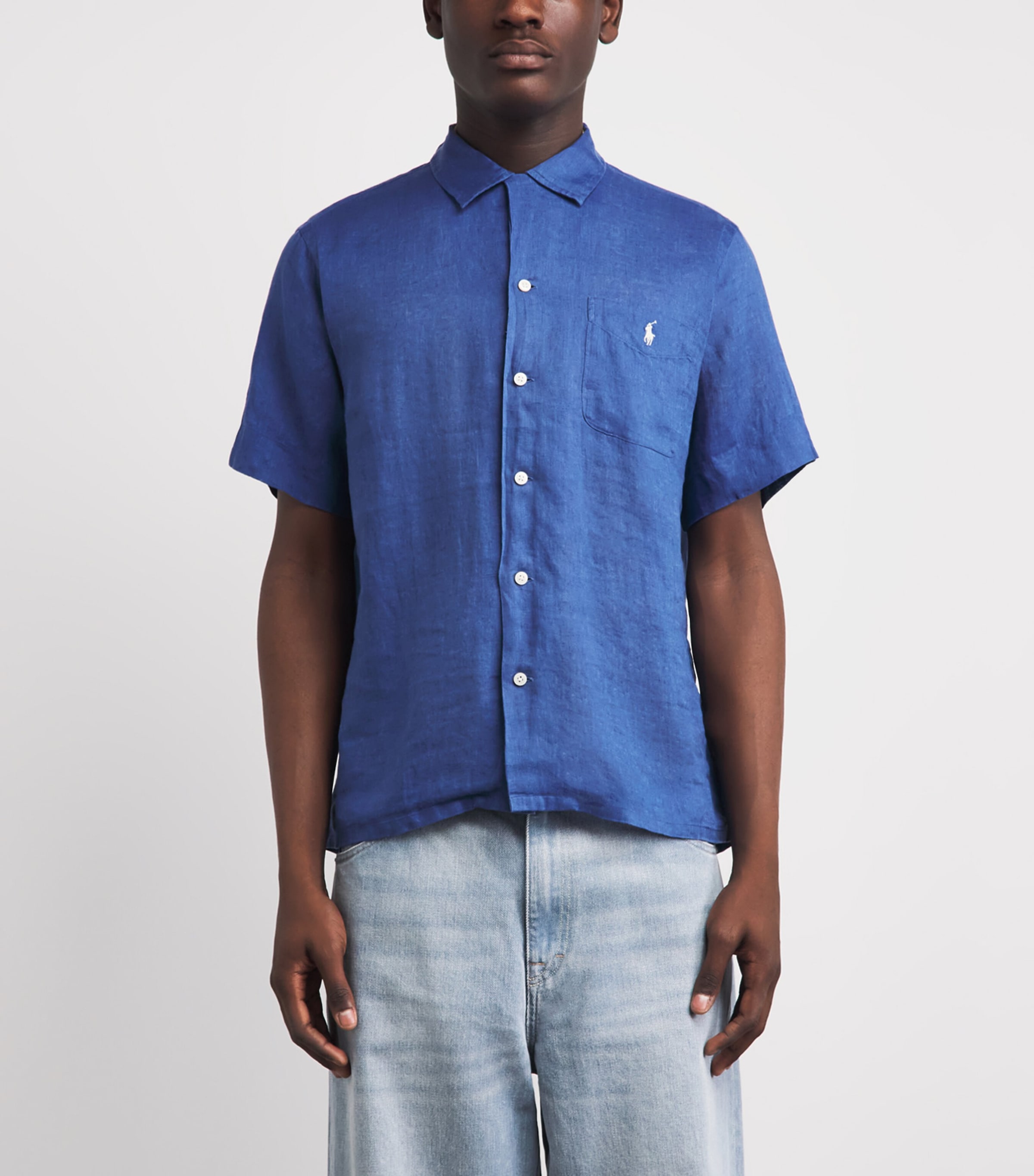 Polo Ralph Lauren Mens Linen Short-Sleeve Classic-Fit Shirt Dusty Azure Image 4