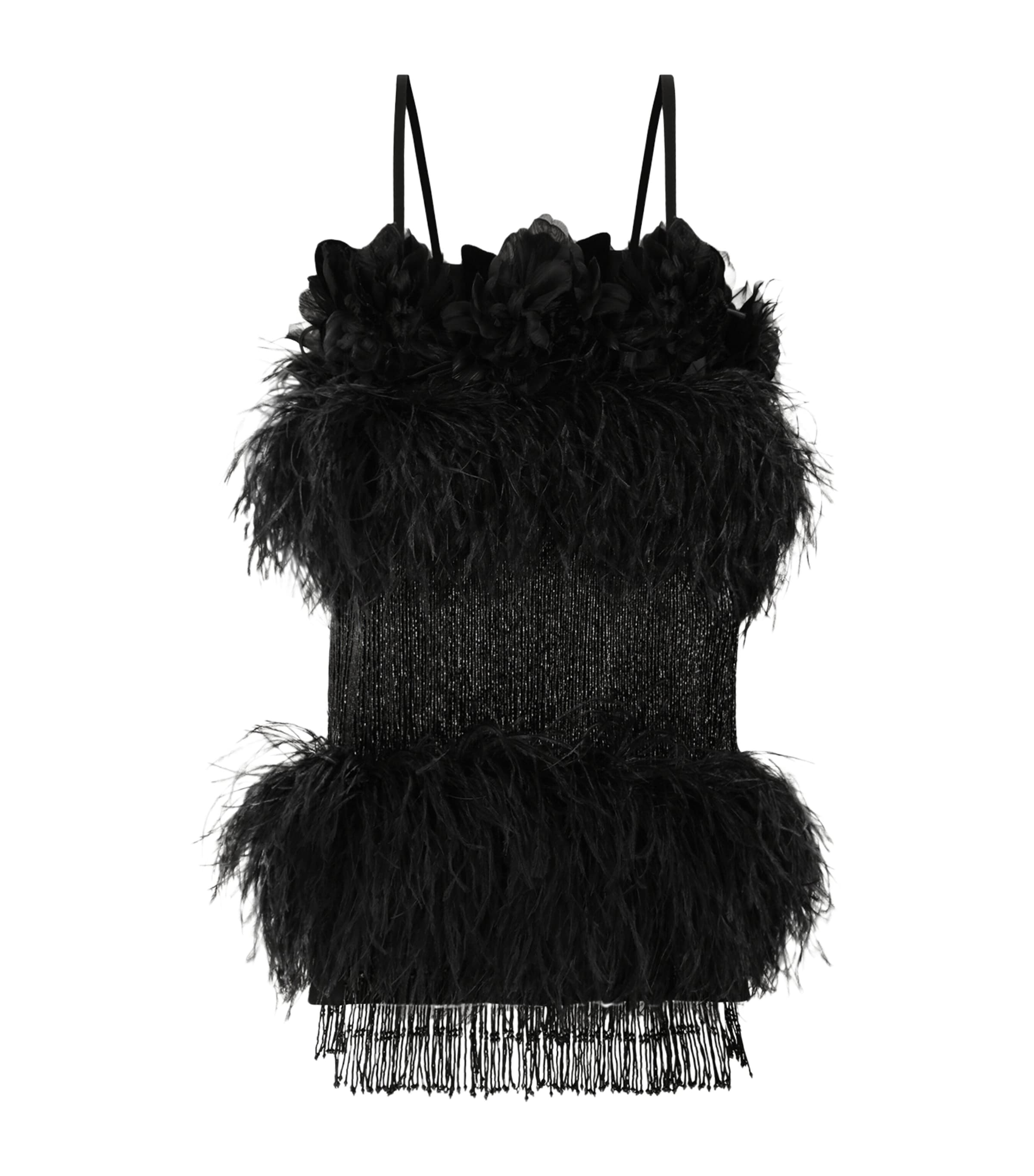 Dolce & Gabbana Feather-trim Beaded Mini Dress In Black
