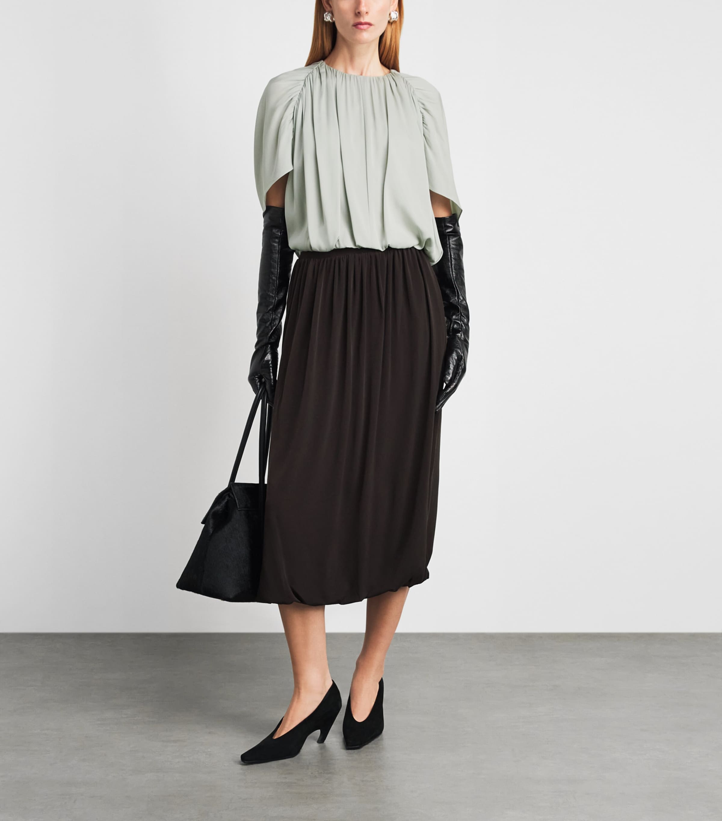 Vince Womens Stretch-Silk Cape-Sleeve Bubble Blouse Stone Sage Image 2