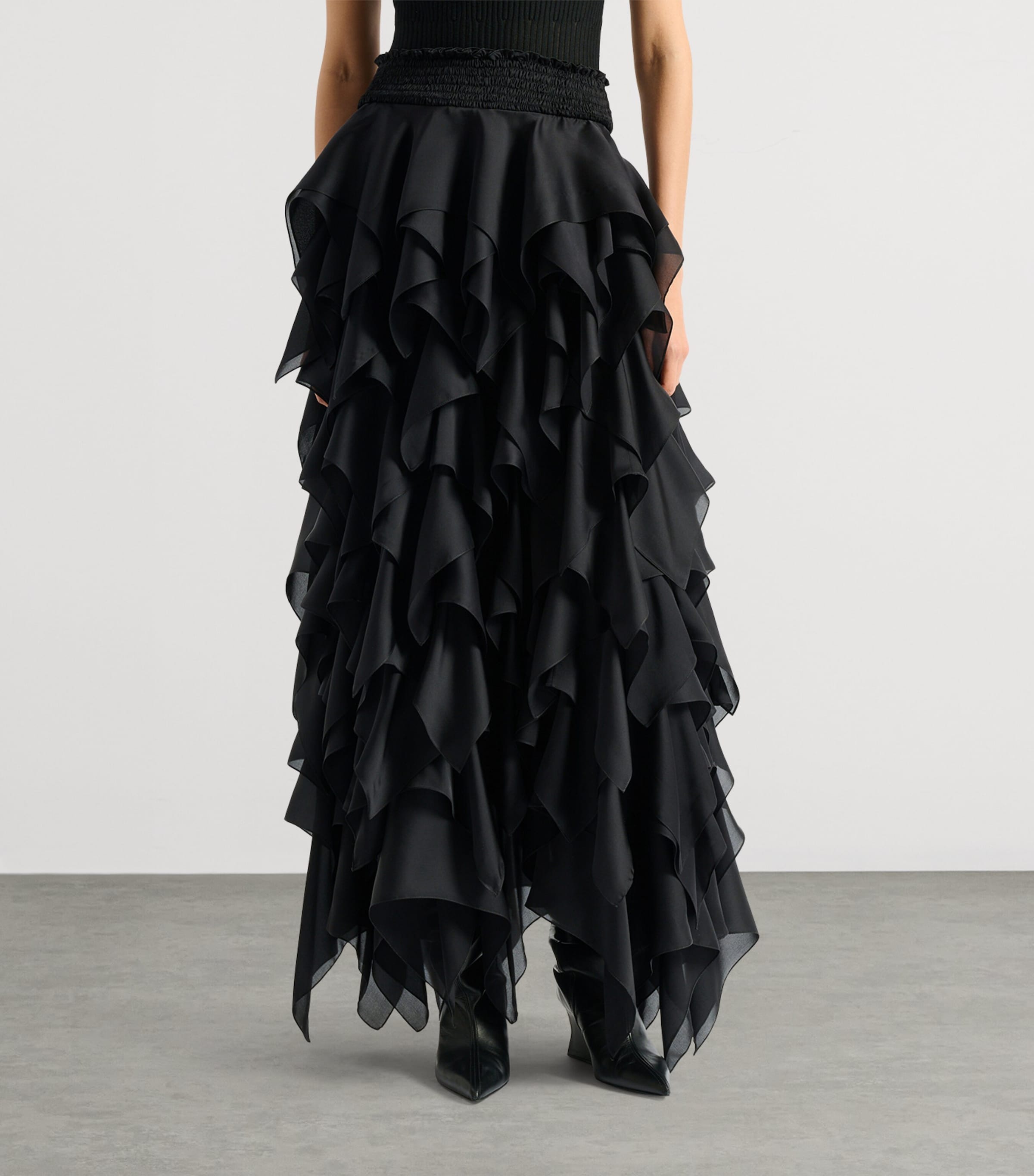 Balmain Womens Silk Ruffled Maxi Skirt Noir Image 4