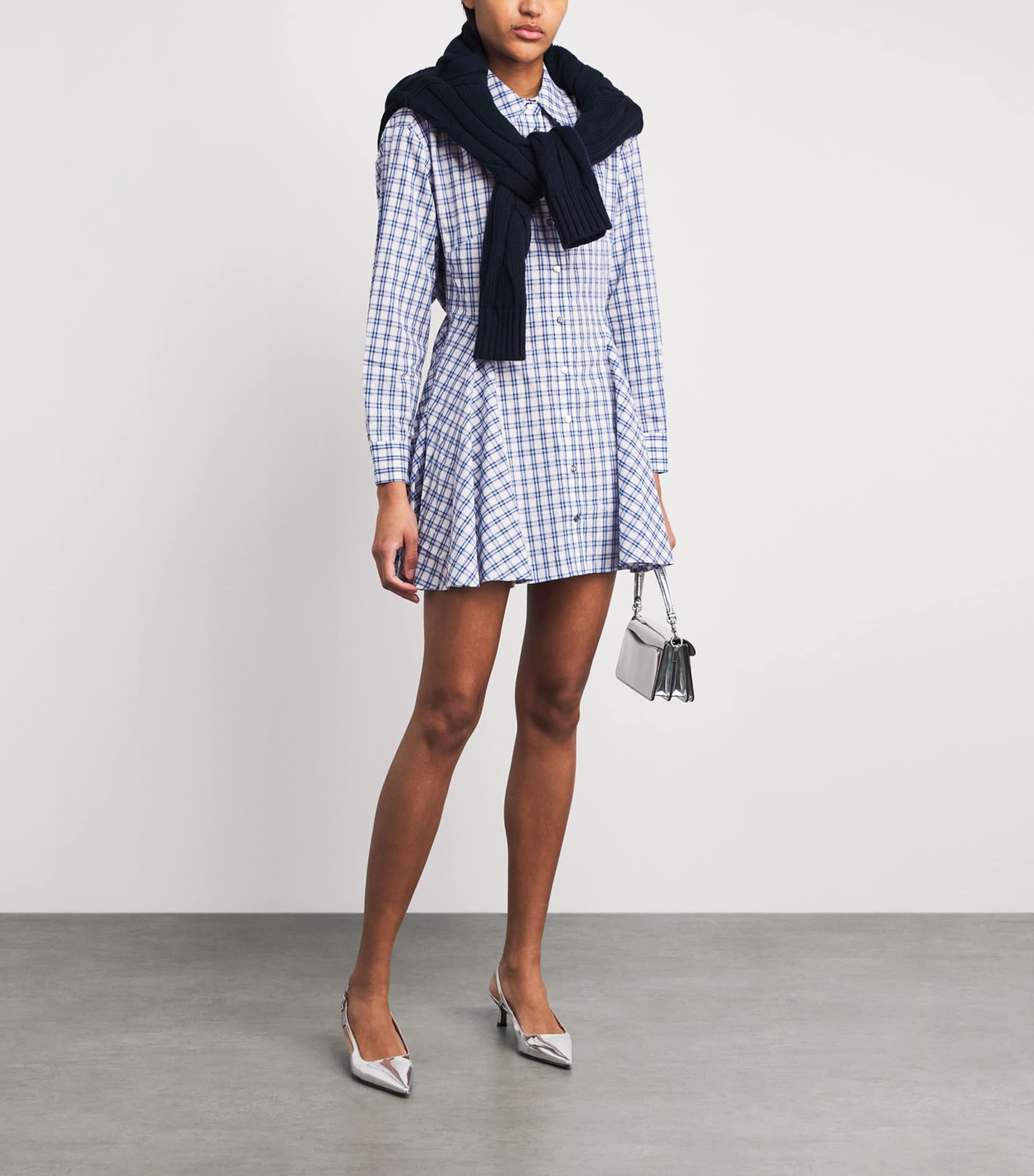 Maje Womens Cotton Check Rhinestone Mini Shirt Dress Blue Check Print Image 2