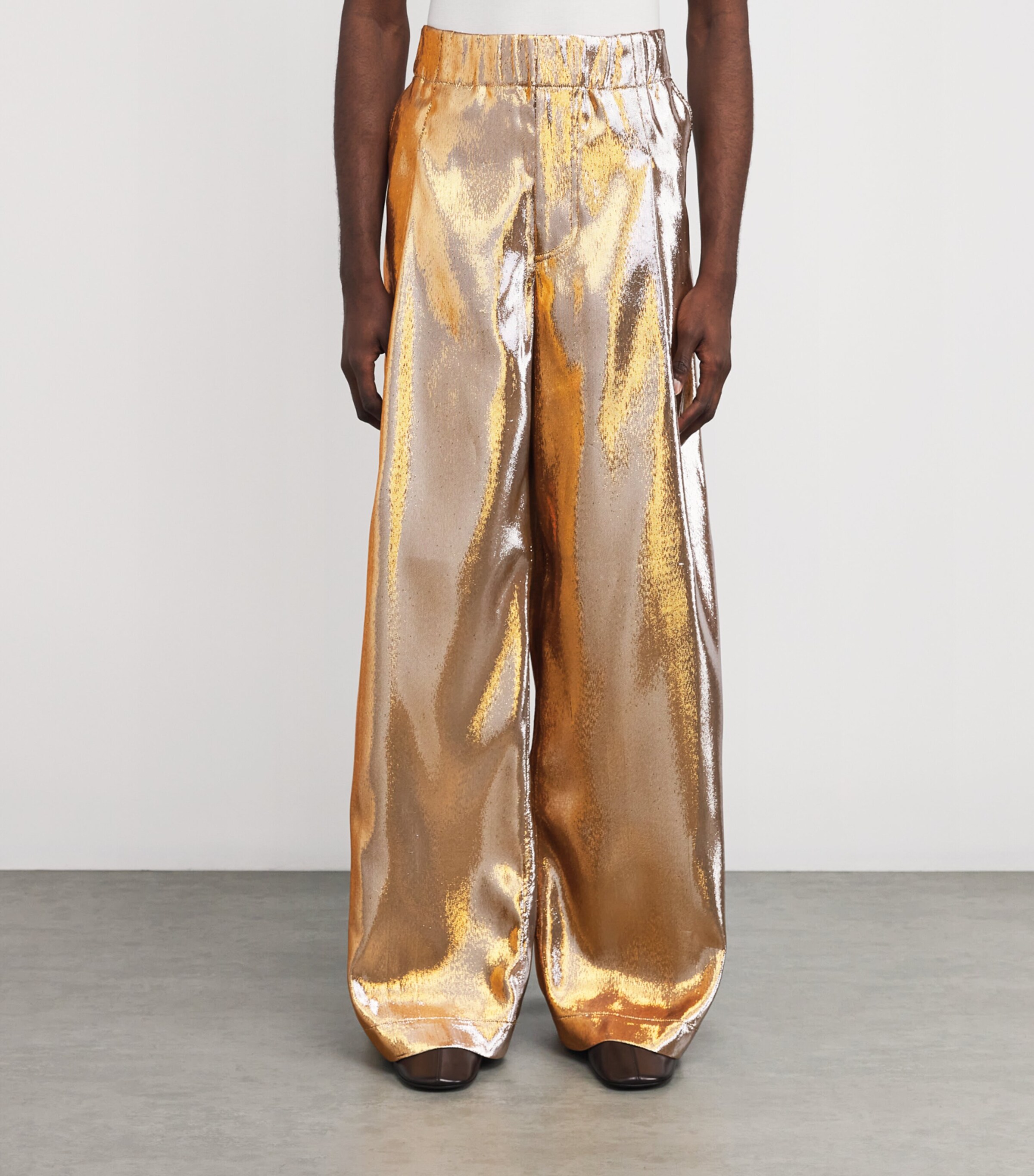 DRIES VAN NOTEN Mens Lamé Wide-Leg Trousers Gold Image 3