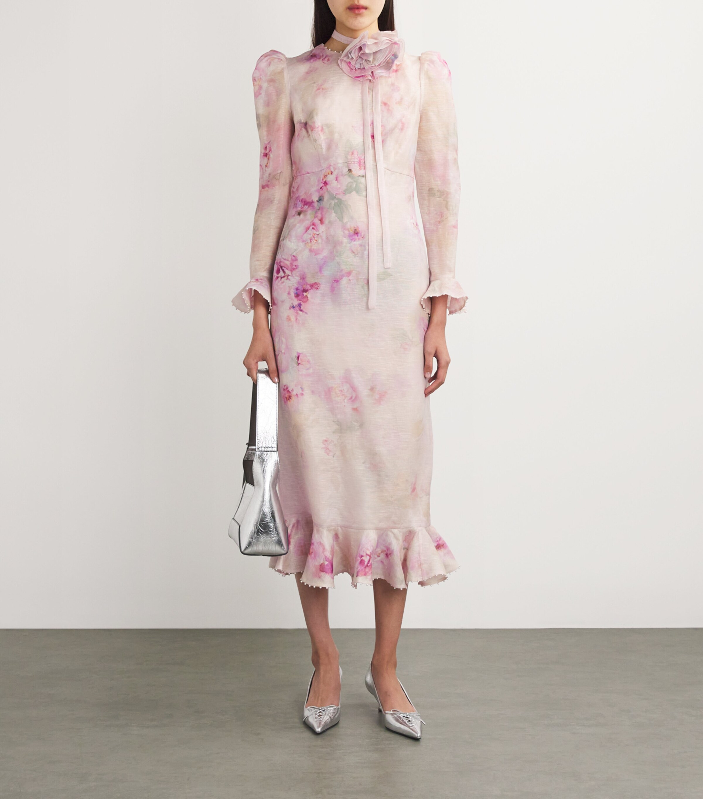 Zimmermann Pink Linen-Silk Floral-Embellished Midi Dress Zimmermann Pink Linen-Silk Floral-Embellished Midi Dress