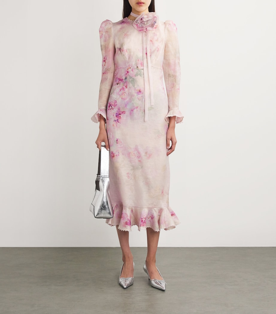 Zimmermann Womens Linen-Silk Floral-Embellished Midi Dress Pifpink Floral Image 2