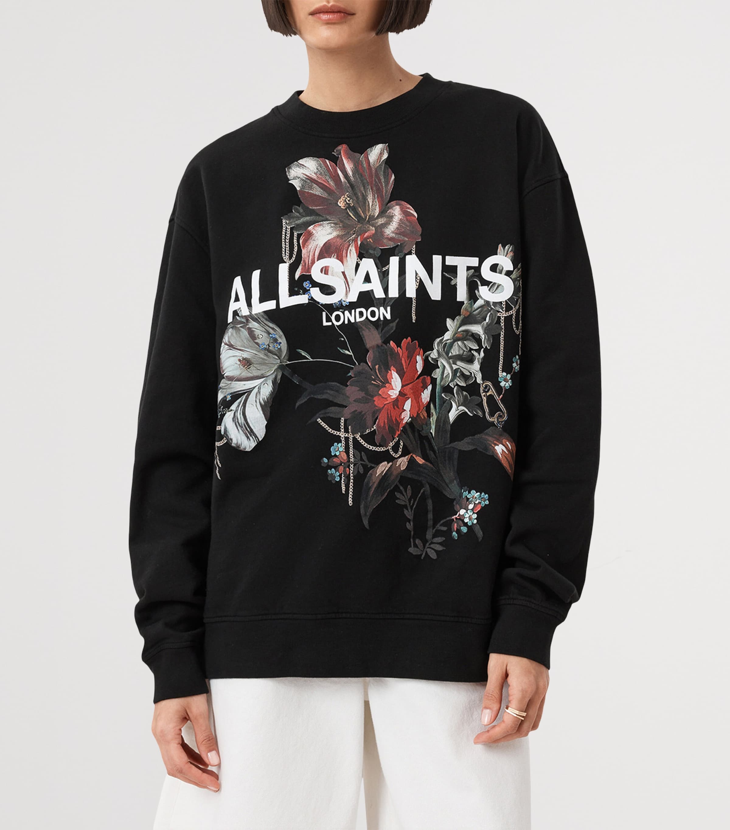 AllSaints Womens Cotton Floral Logo Etta Sweatshirt Black Image 4