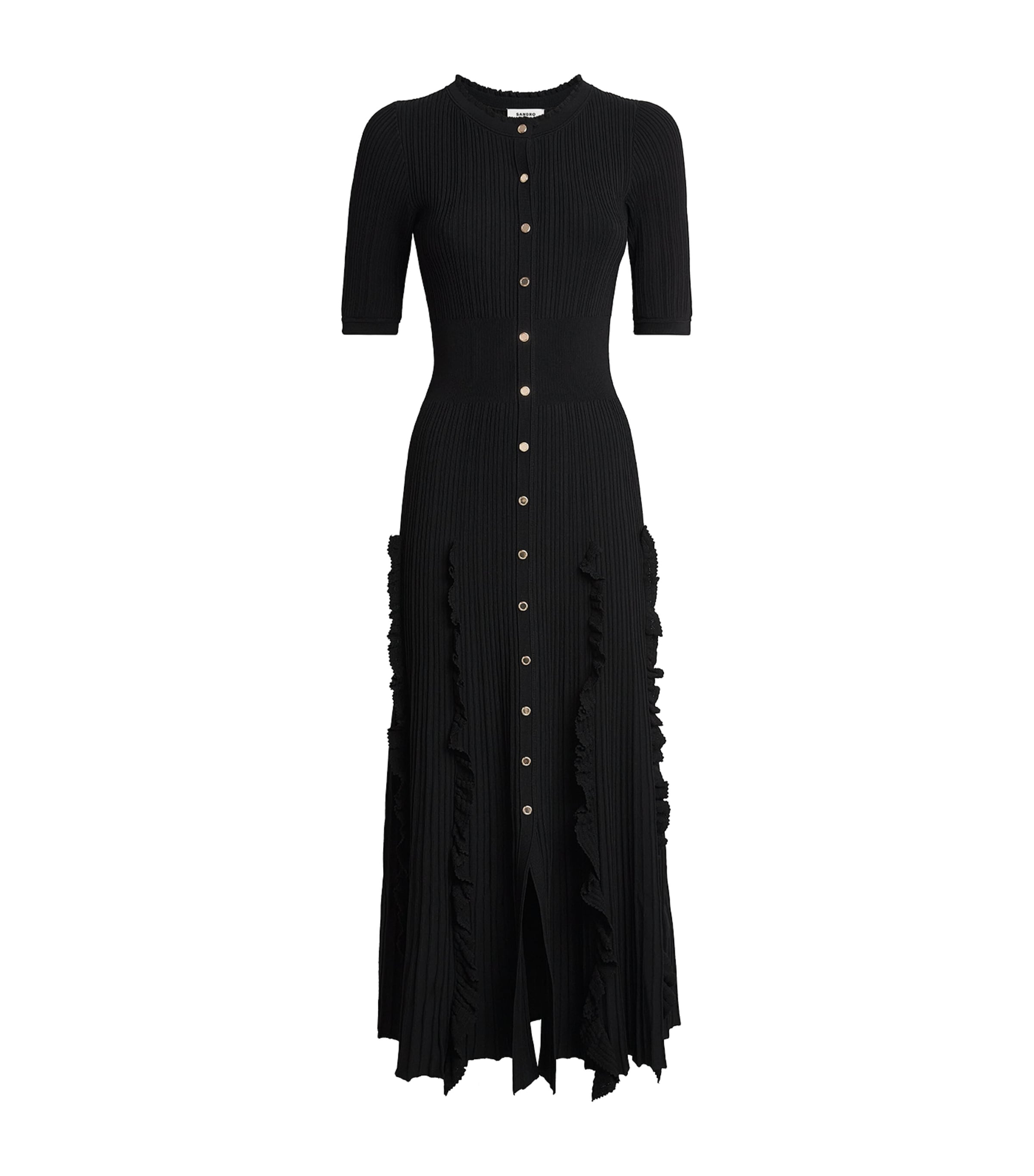 Sandro Paris Womens Knitted Ruffled Maxi Dress Black Image 1