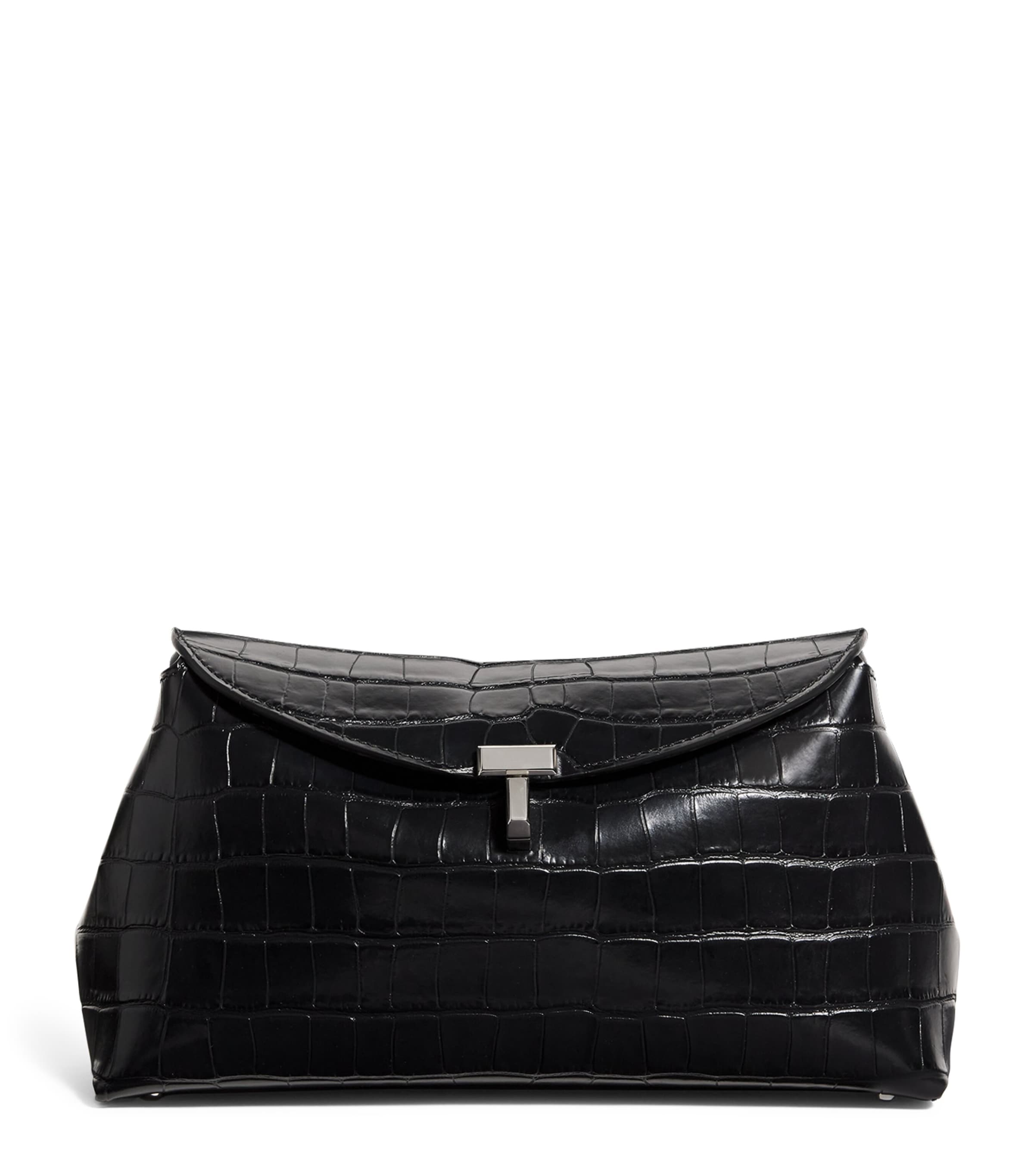 Totême Leather Croc-effect T-lock Clutch Bag In Black