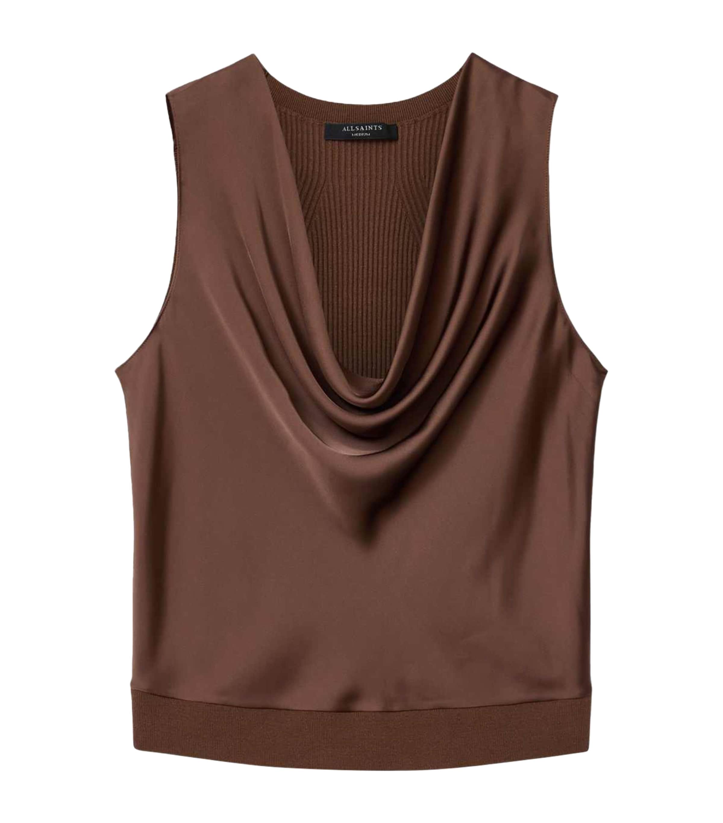 AllSaints Brown Satin Cowl-Neck Zoey Tank Top | Harrods UK