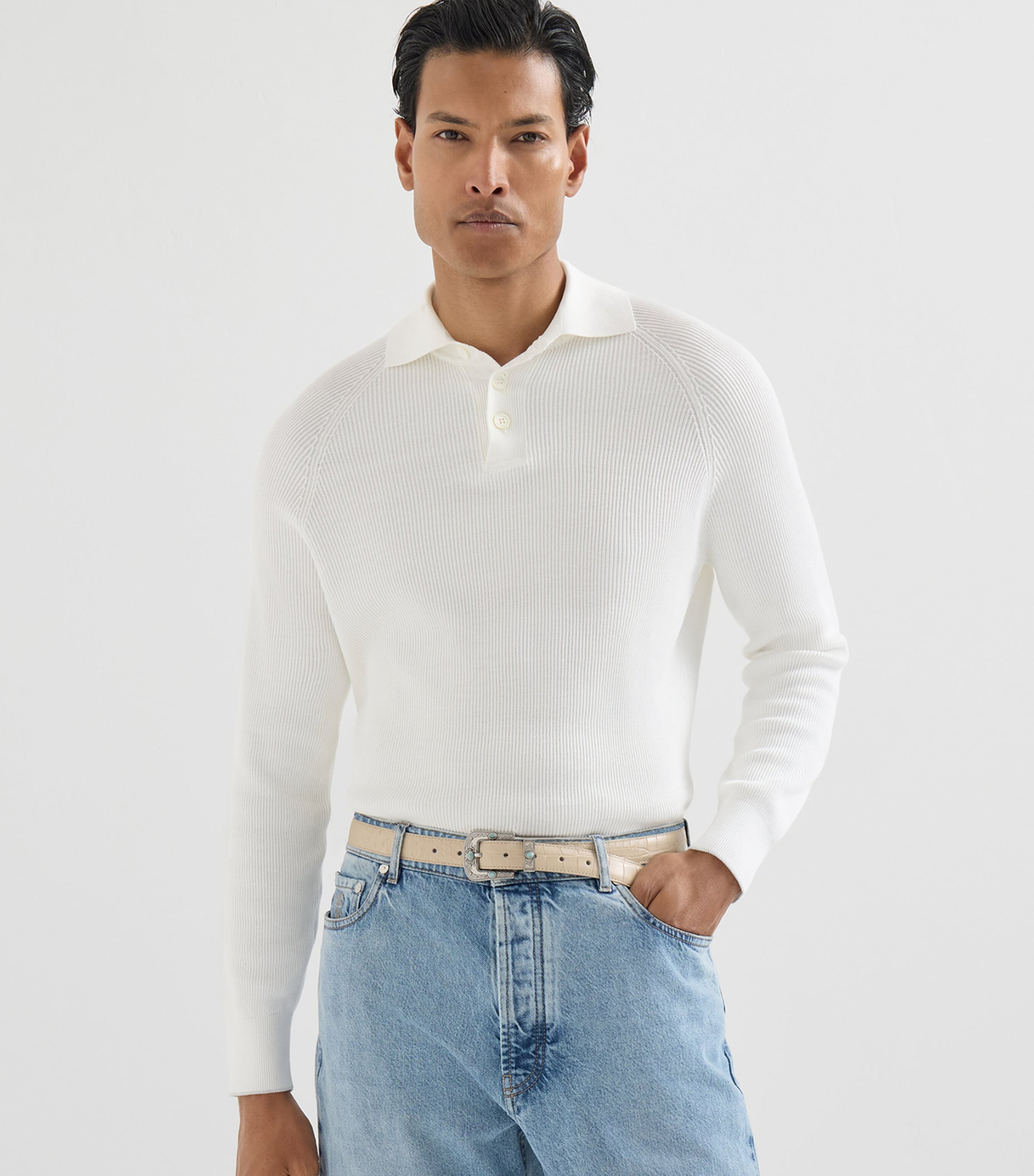 Brunello Cucinelli Mens Cotton Rib-Knit Polo Sweater Image 4