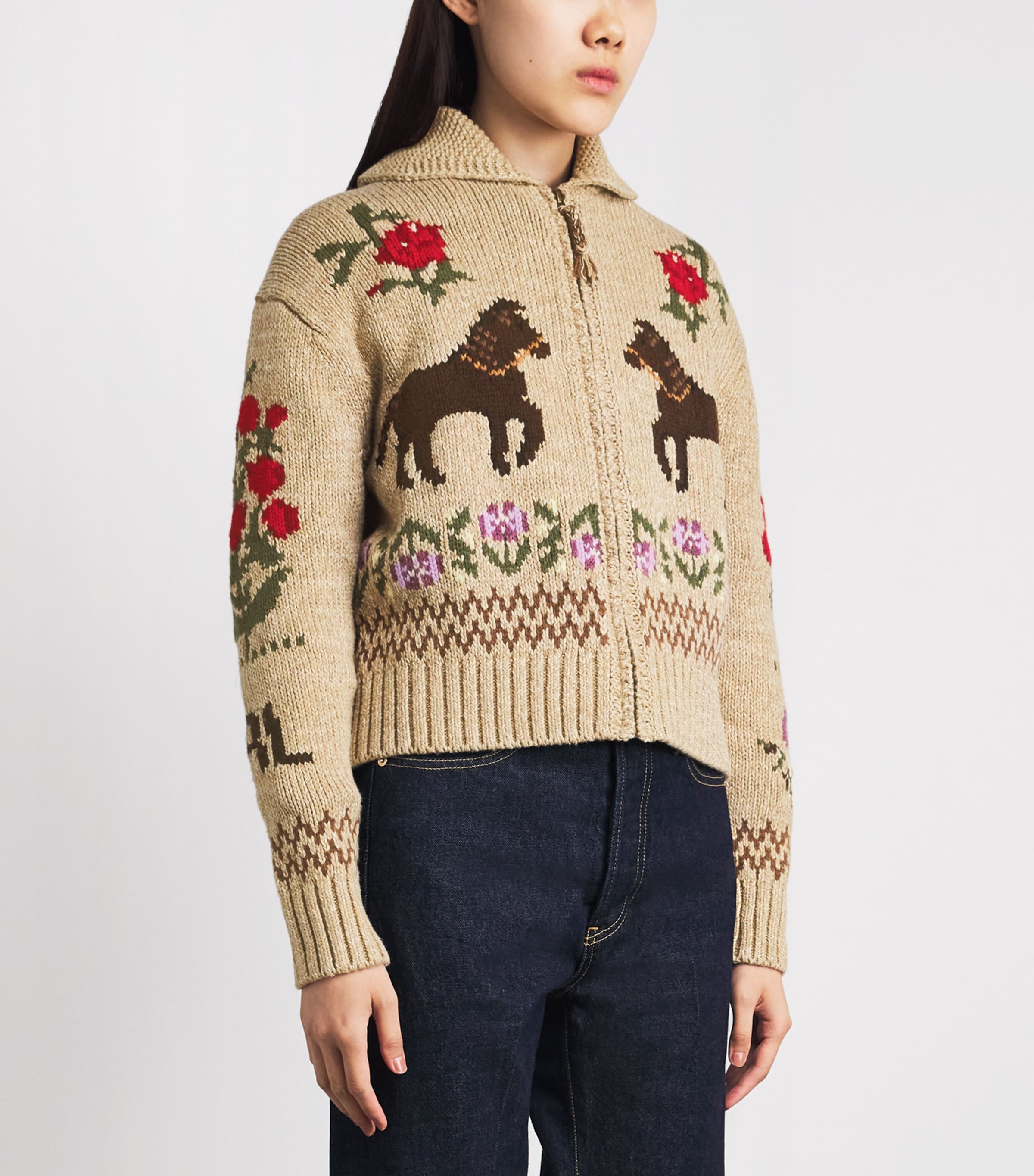 Polo Ralph Lauren Womens Cotton-Wool Horse Intarsia Zip-Up Cardigan Tan Multi Image 4