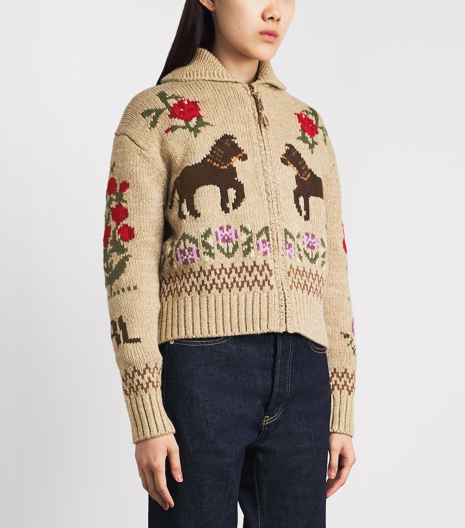Polo Ralph Lauren Womens Cotton-Wool Horse Intarsia Zip-Up Cardigan Tan Multi Image 4