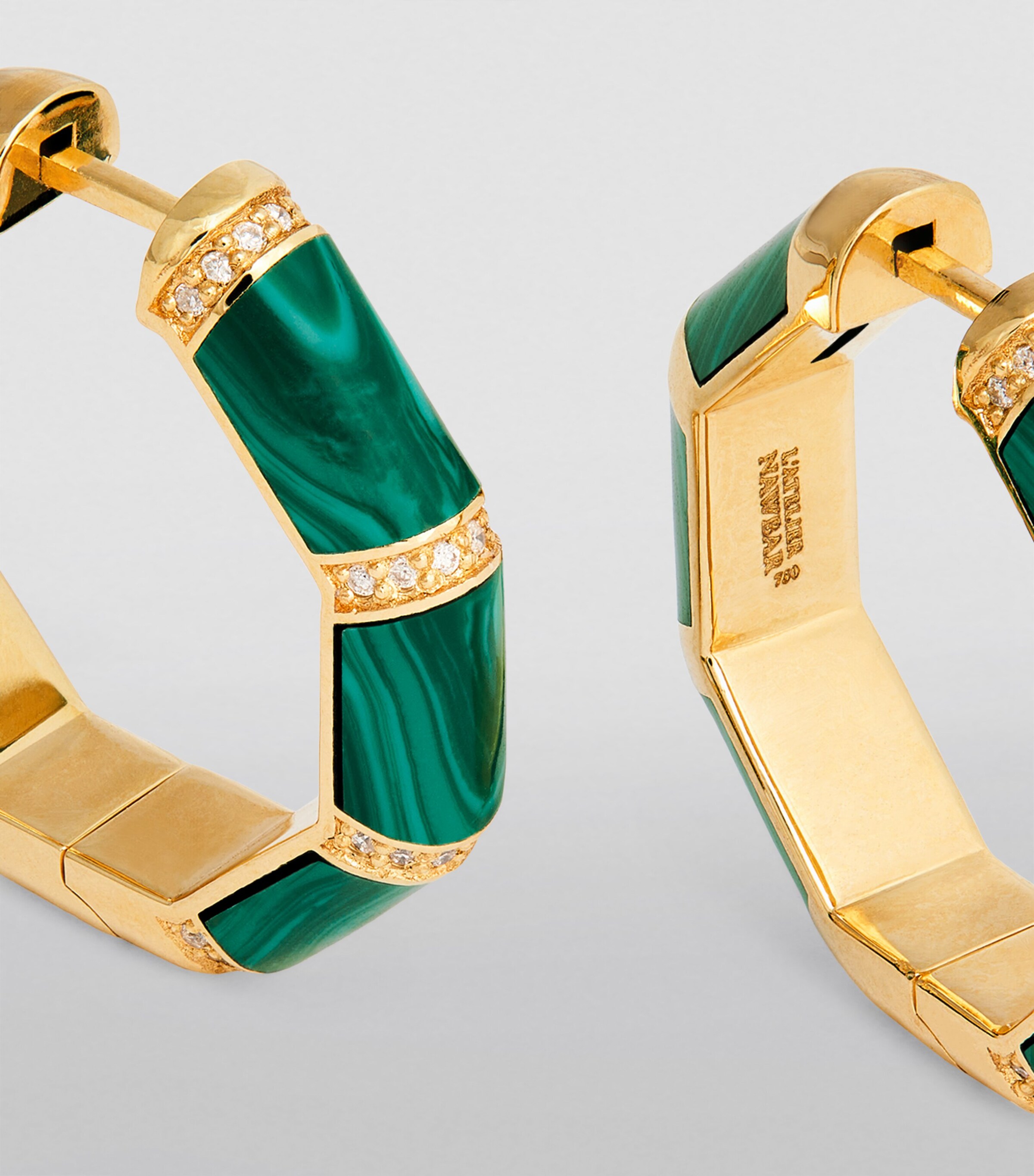 Yellow Gold, Diamond and Malachite Amulet of Light Hoop Earrings GREEN Image 6