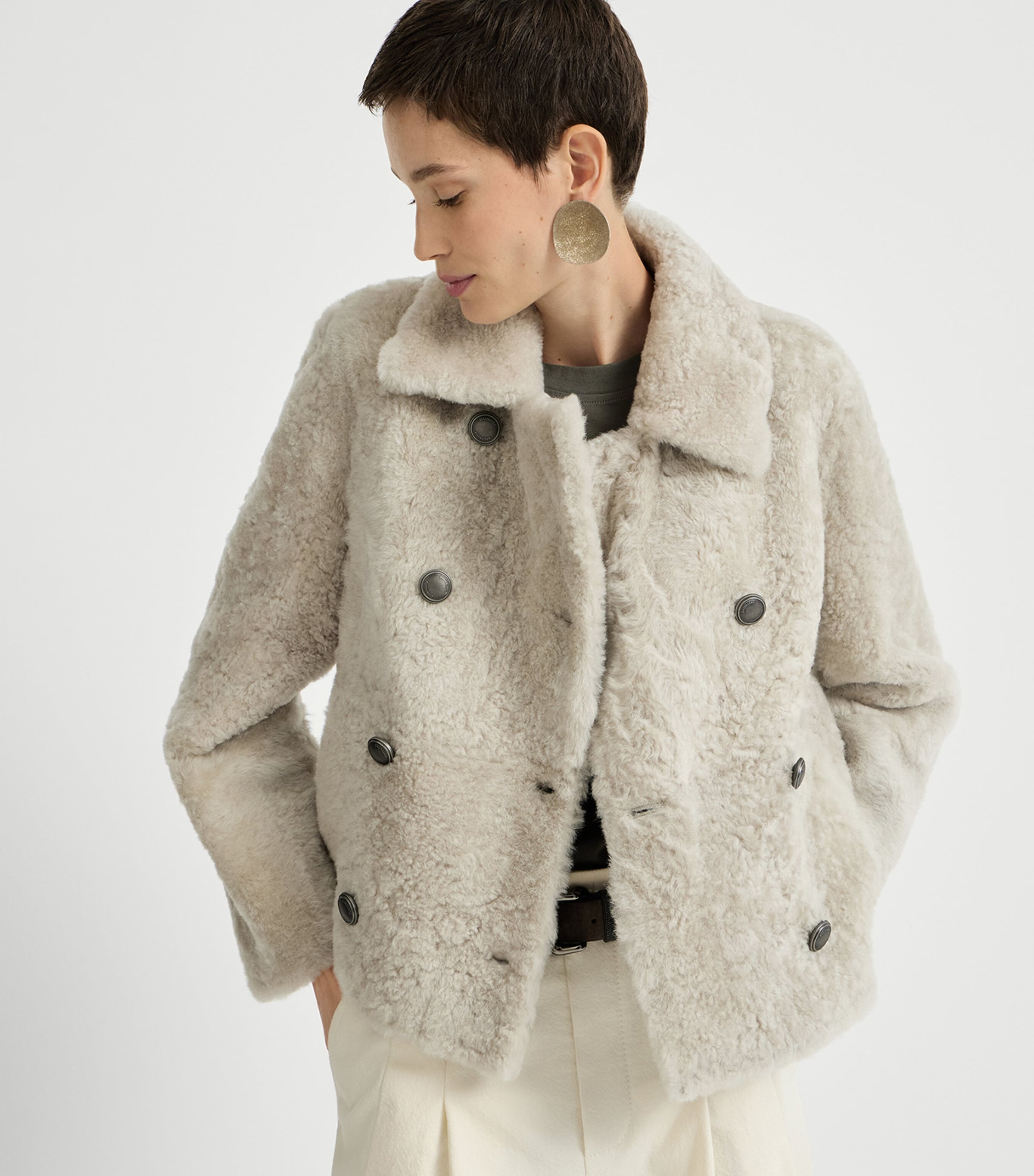 Brunello Cucinelli Womens Shearling Double-Breasted Jacket Stone Image 2