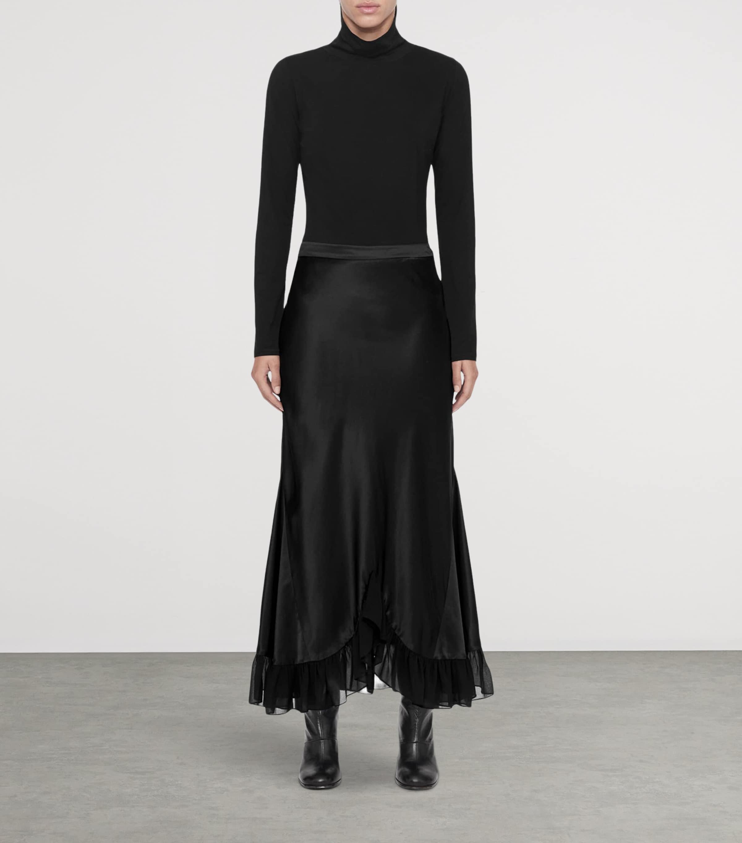 AllSaints Womens Satin Ruffle-Hem Irma Skirt Black Image 2