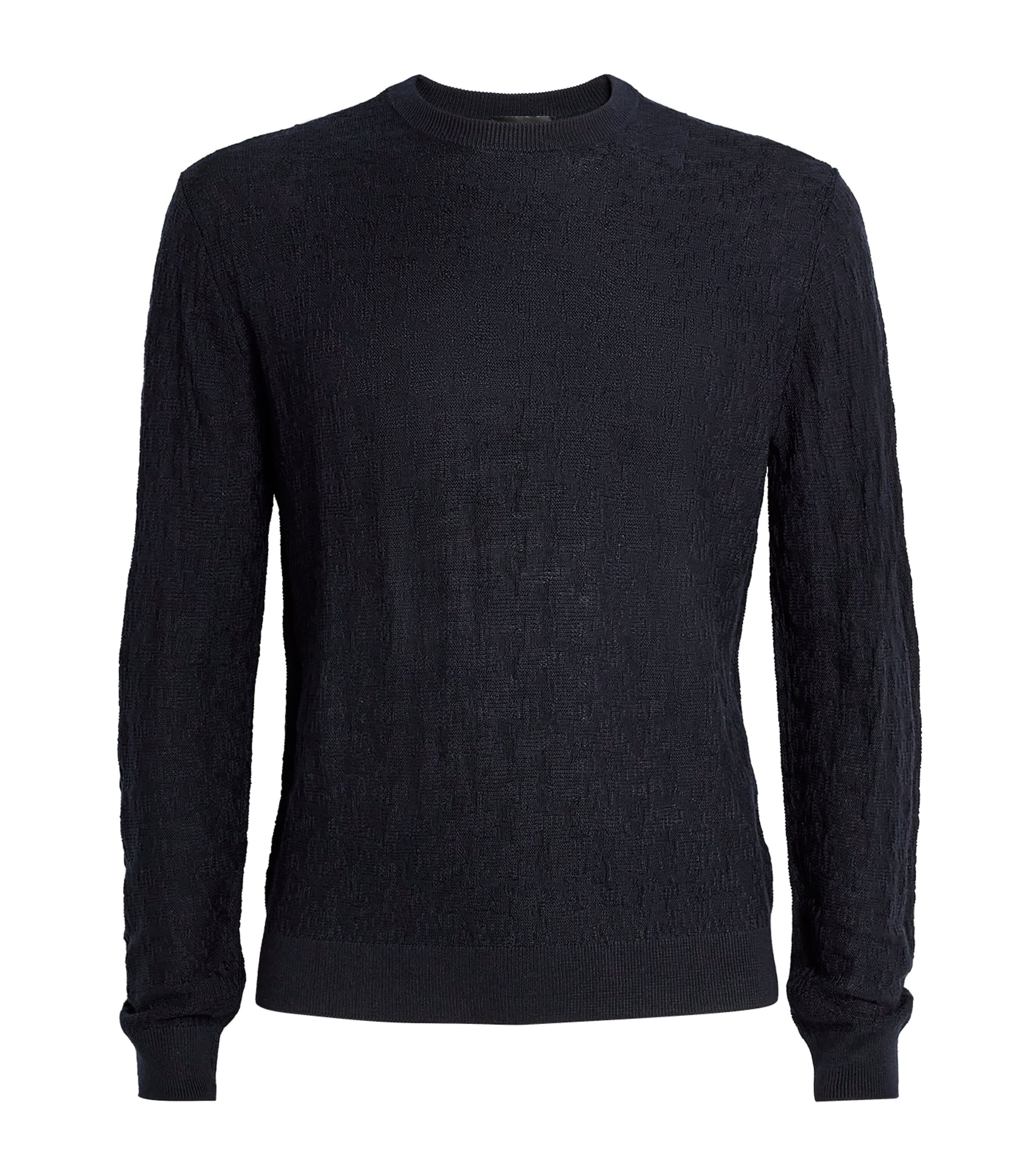 Emporio Armani Basket Weave Virgin Wool Jacquard Crewneck Sweater In Blue