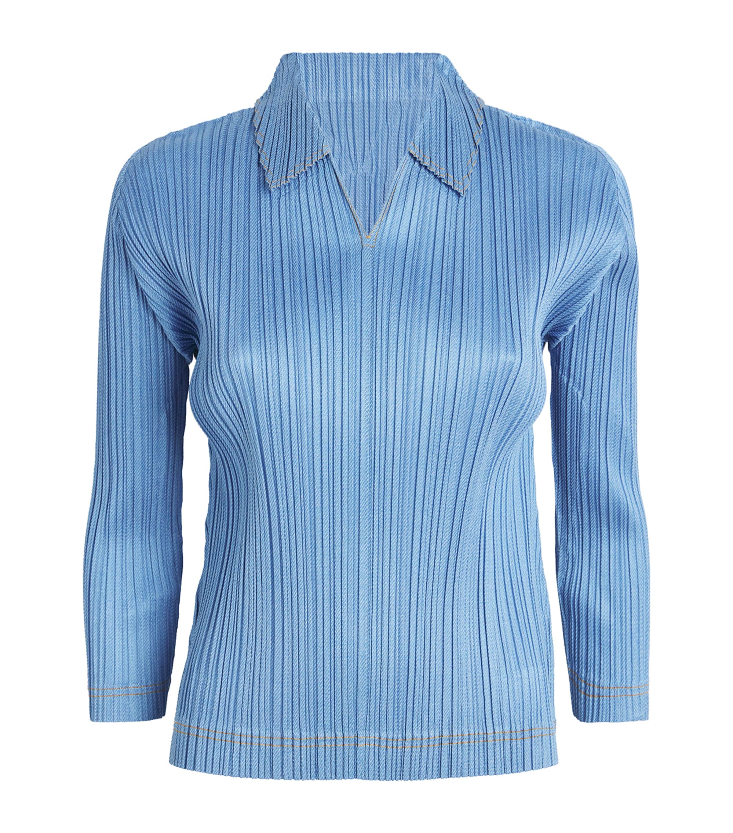 Issey Miyake Pleated Cotton Denim Shirt In Blue