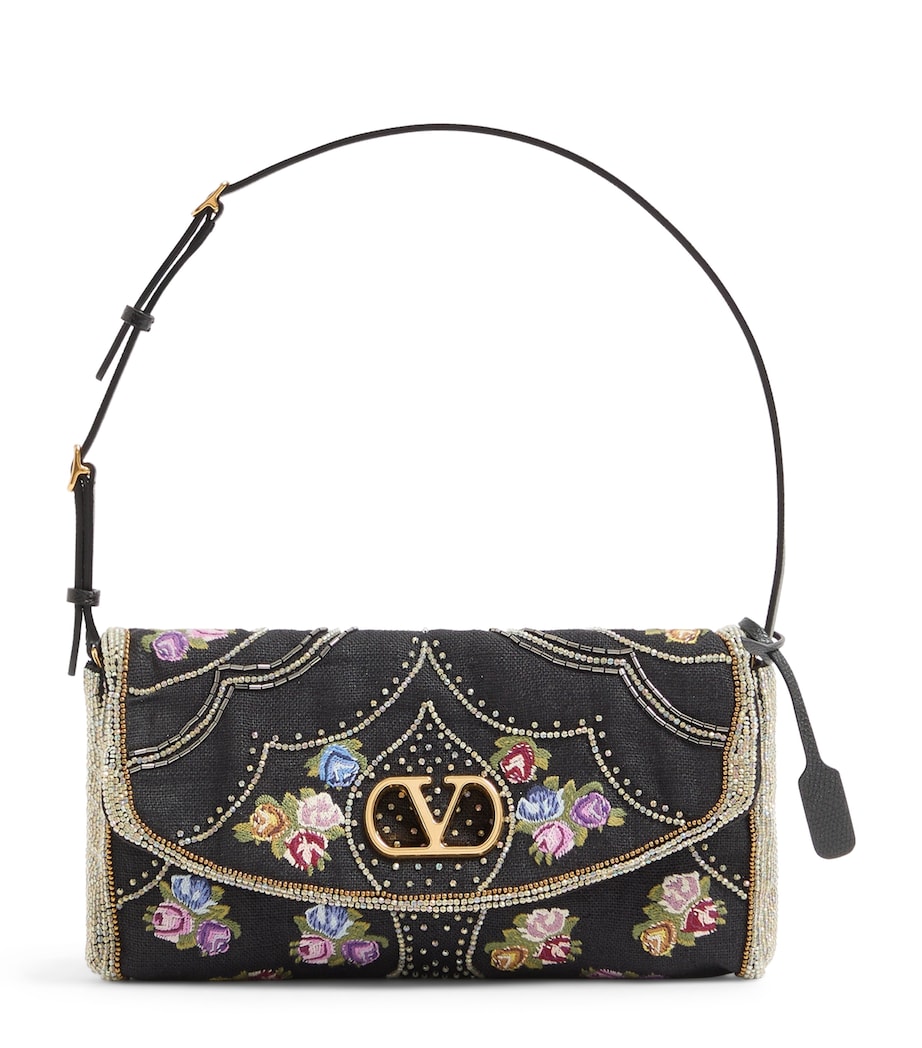 Valentino Garavani Small Linen Beaded DeVain Shoulder Bag Image 1