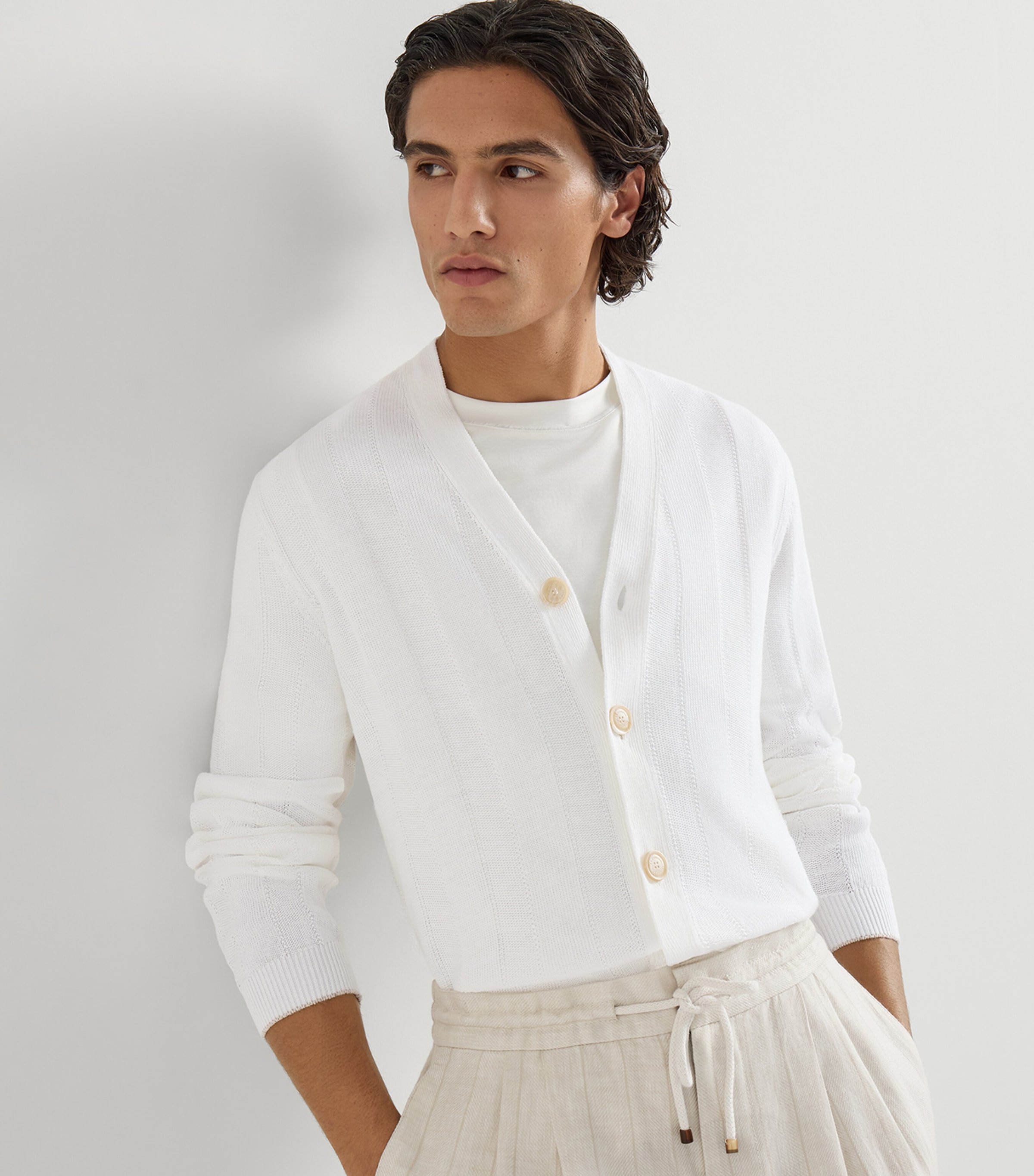 Brunello Cucinelli Mens Linen-Cotton Ribbed Cardigan Image 3